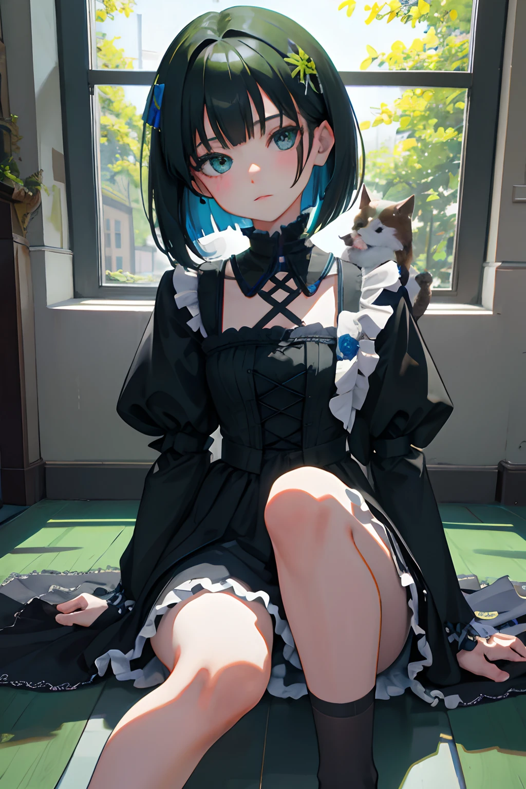 Holding your knees，sitting down on the floor，child，（​masterpiece，Highest Quality），Blue-green Gothic Lolita，A dark-haired，Medium bob