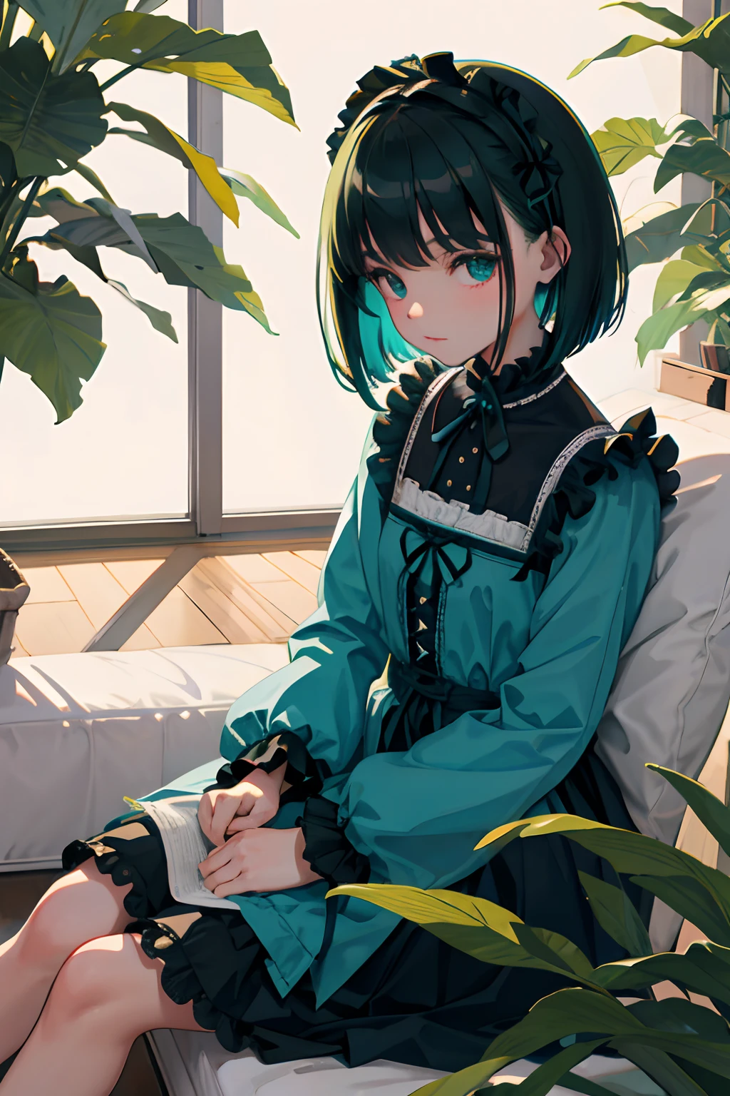 Holding your knees，sitting down on the floor，，（​masterpiece，Highest Quality），Blue-green Gothic Lolita，A dark-haired，Medium bob