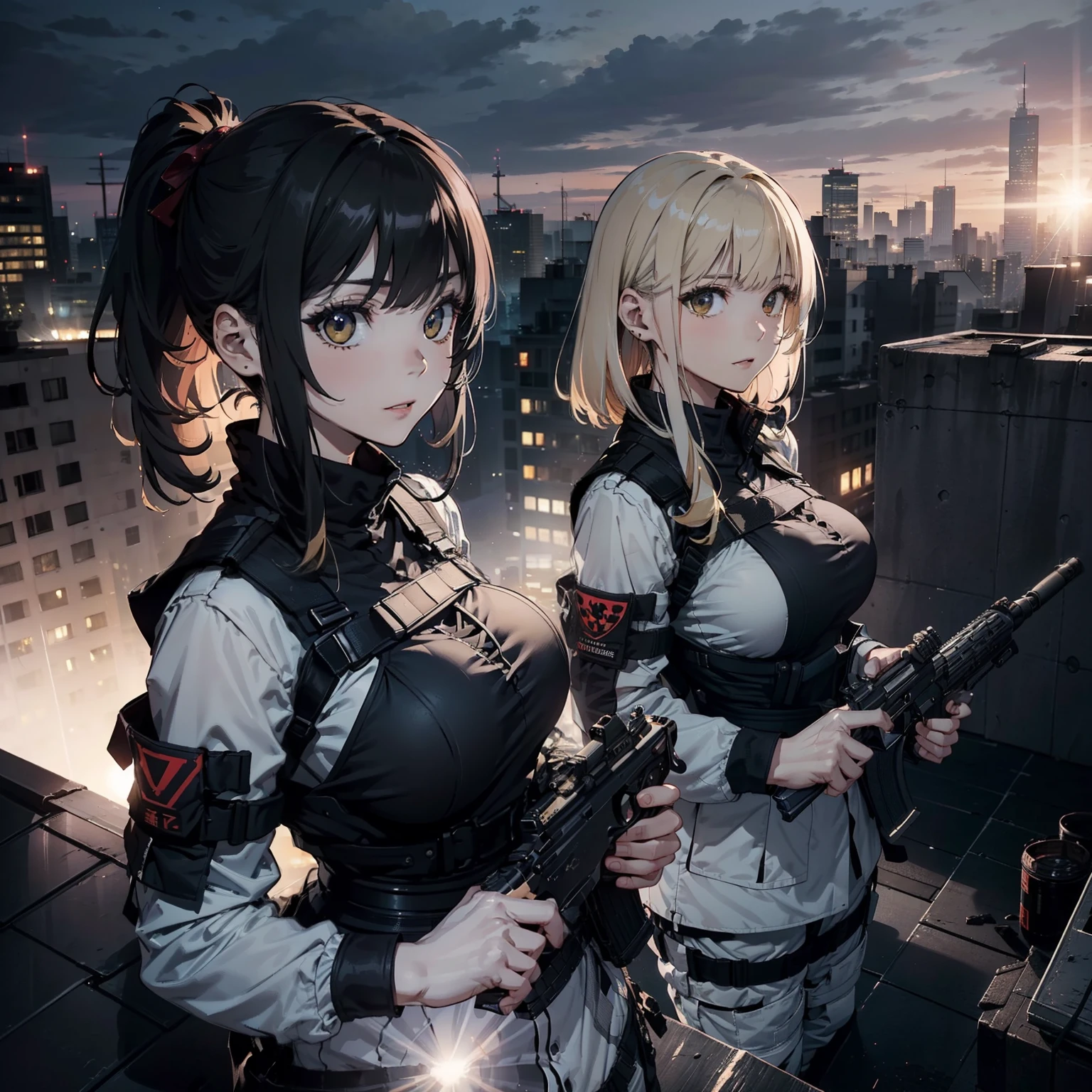 (Trained female soldiers)、((Holding weapons、Holding a rifle in both hands、aim:1.2、fire:1.4、guns、h&K HK416))、1 Women、thick body、(Black combat uniform)、(platinum-blonde-hair:1.2)、((超A high resolution))、Detail Write、​masterpiece、top-quality、extremely details CG、8K picture quality、Cinematographic lighting、lensflare、(Skyscraper rooftop at night:1.4)、Hyper-detailing、((Enlarge bust shots:1.4))、Detailed firearm depiction、Rifle with perfect detail、Perfect barrel that does not distort、Fighter in the sky、Military drones