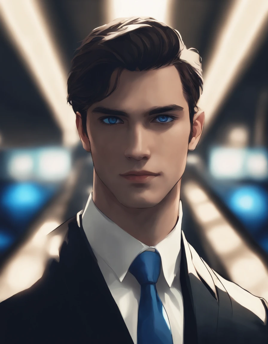 Best picture quality, masterpiece, heavy acrylic, pen touch, movie screenshots, avatar, portrait, brunette, blue eyes, suit, young man, bad, evil, anime, pixiv