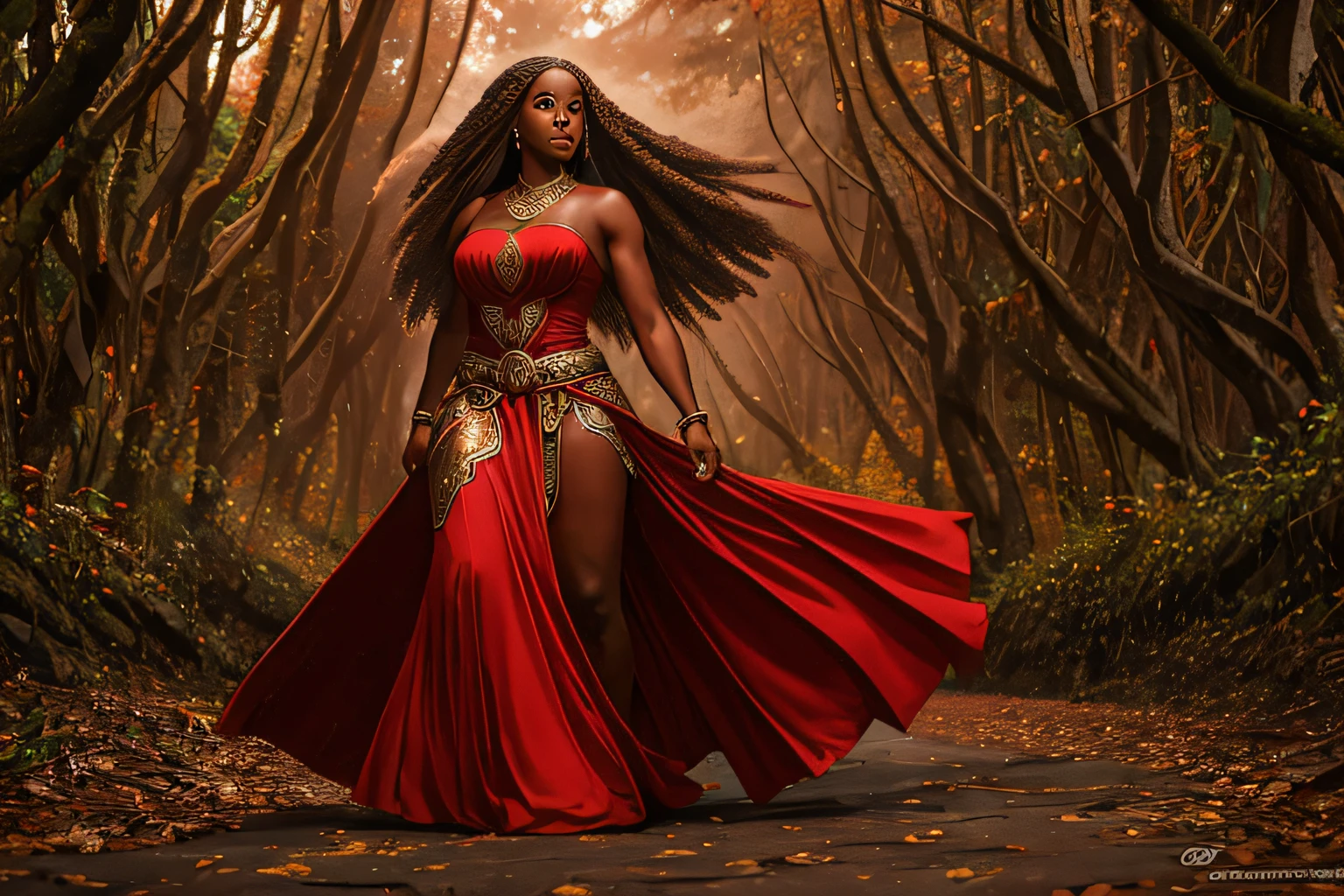 (photorealism:1.2) 2african woman, black tulle, jovial laughter, Sailor Moon Hairstyle,  3 men, red galley and enhro, Layers, barba, long curly wavy black hair, drinking alcohol from a glass cup,  cemetery swamp jungle, Hands with blood, Red and black sexy dress, smoking, red and black cape , queen, fire, 