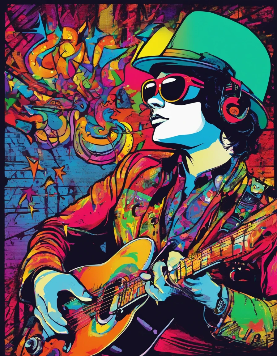 banda de Rock. cantante delgado moreno, gafas de piloto con guitarra. microfono Tocando en un escenario profesional con luces, niebla, pantallas y pirotecnia. super realista , iluminacion profesional,