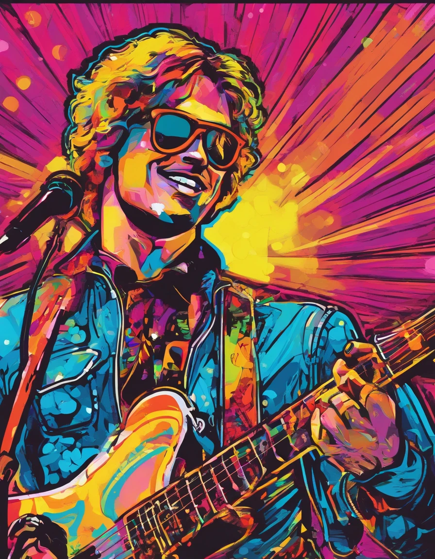 banda de Rock. cantante delgado moreno, gafas de piloto con guitarra. microfono Tocando en un escenario profesional con luces, niebla, pantallas y pirotecnia. super realista , iluminacion profesional,