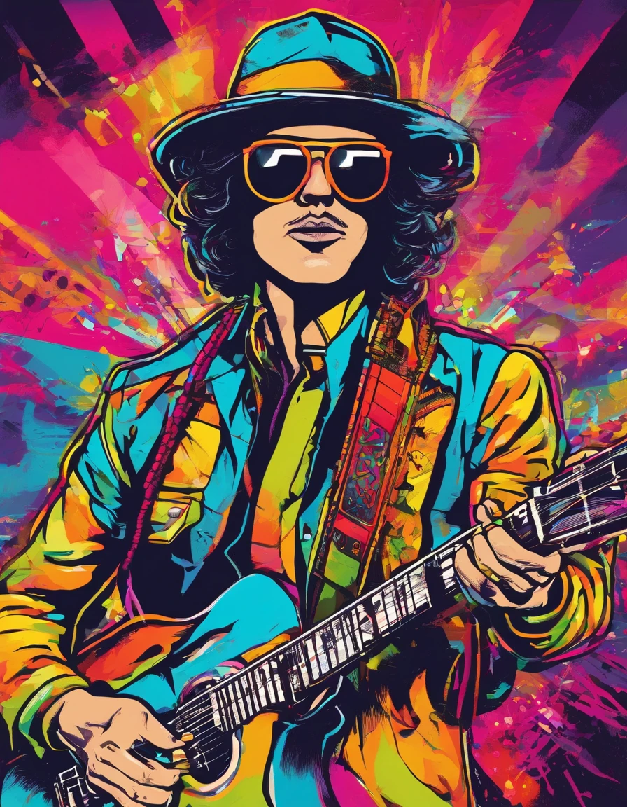 banda de Rock. cantante delgado moreno, gafas de piloto con guitarra. microfono Tocando en un escenario profesional con luces, niebla, pantallas y pirotecnia. super realista , iluminacion profesional,