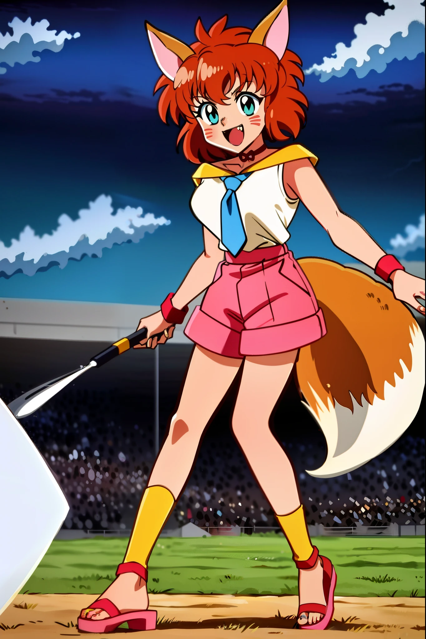 1girl, solo, KotoCzar, (fox ears, small tail, auburn hair, whiskers, whisker markings), (pink shorts, choker, wristband, pink_shorts, black pantyhose, white shirt, yellow shirt collar, blue necktie), (full body, standing, crowd, (masterpiece:1.2), hires, ultra-high resolution, 8K, high quality, (sharp focus:1.2), clean, crisp, cinematic,, medium breast, open mouth, smile, fangs, big breast, fulll body, flipflops