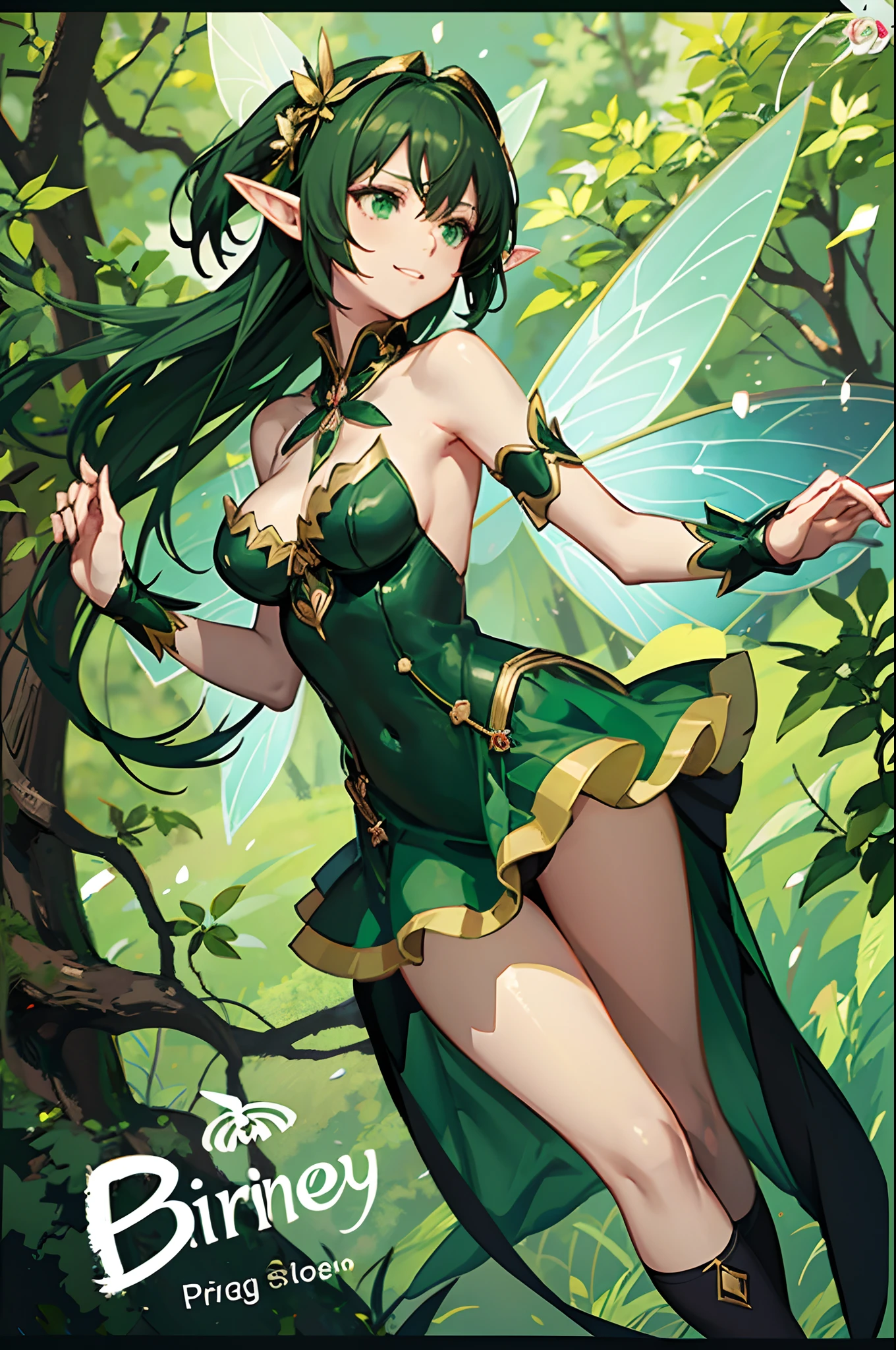 Anime girl in green and black costume on wings and green background, big breasts, slim body, revealing dress,super minidress, pixie character, fairy, forest fairy, insect trainer girl, brunette elf with fairy wings, pixie, cute 3d anime girl rendering, April rendering, fairy dance, open legs.