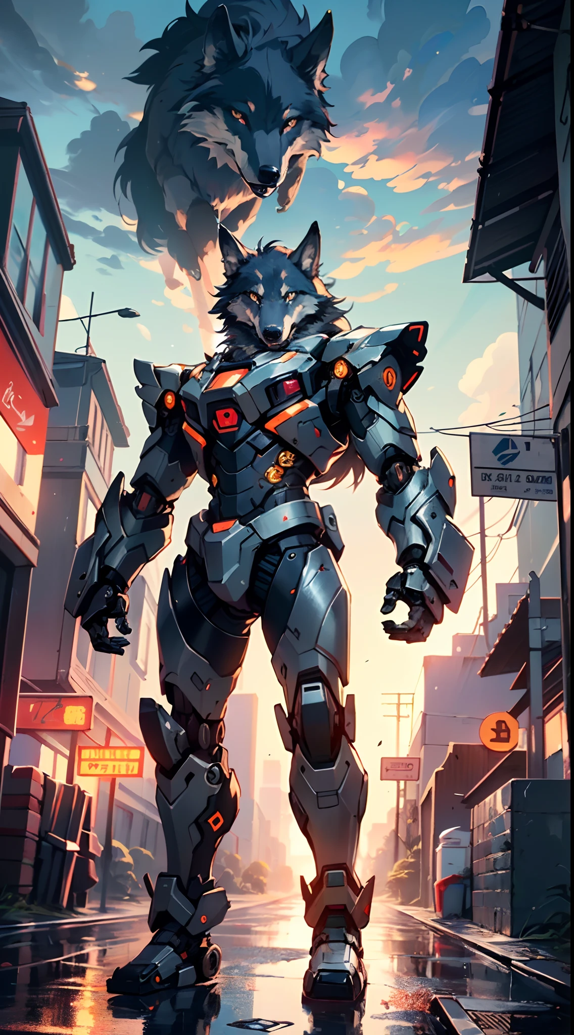 (((A mechanical wolf,cyborg wolf,cyborg-wolf,animal,wolf robot))),no human,detailed wolf,intricate mechanic wolf,robot animal,
epic, highly detailed full body of a gigantic feral mecha canine, sharp metal claws, cannon mounted on back, sleek armor, glowing visor, furry art, zoids art, furaffinity, sofurry,
(dynamic pose:1.0),solo focus,(centered,scale to fit dimensions,Rule of thirds),
cyberpunk city by the ocean at night, with bright neon signs and dark stormy clouds and puddles, scenery:1.25,
highres, sharp focus, (ultra detailed, extremely detailed), (photorealistic artwork:1.37),(extremely detailed CG unity 8k wallpaper),((synthwave background theme)),(((vibrant colors))),(intricate background),(masterpiece),(best quality),