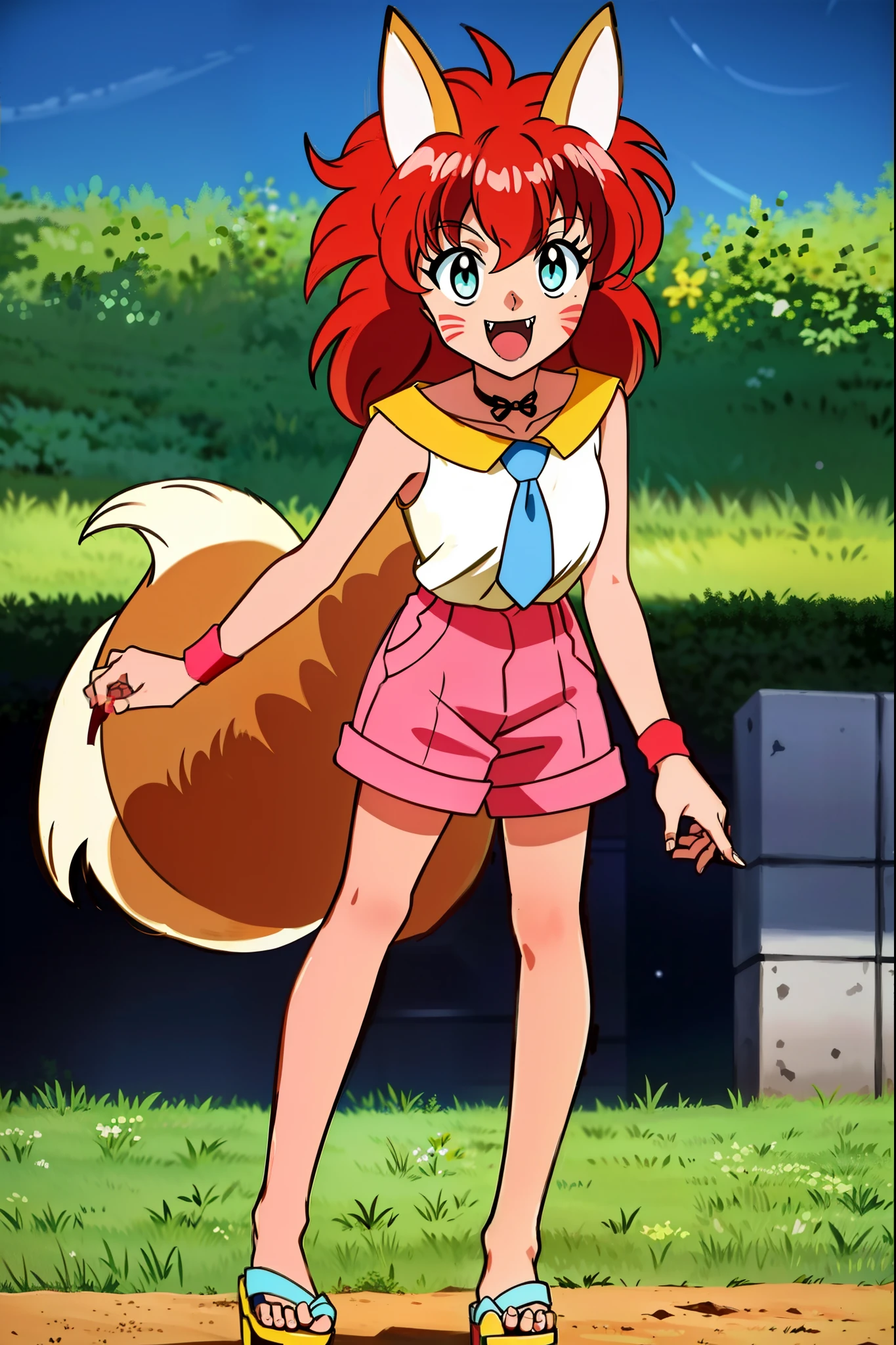 1girl, solo, KotoCzar, (fox ears, small tail, auburn hair, whiskers, whisker markings), (pink shorts, choker, wristband, pink_shorts, black pantyhose, white shirt, yellow shirt collar, blue necktie), (full body, standing, crowd, (masterpiece:1.2), hires, ultra-high resolution, 8K, high quality, (sharp focus:1.2), clean, crisp, cinematic,, medium breast, open mouth, smile, fangs, big breast, fulll body, flipflops