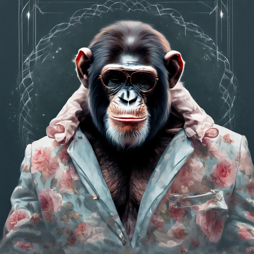 Perfect centralization, chimp, wearing a jacket,vidros de vidro,Rosa da flor, wearing sunglasses, alegria, Standing position, beleza abstrata, Centrado, looking at the camera, Facing the camera, nearing perfection, Dynamic, altamente detalhado, liso, foco nítido, 8k, high-definition resolution, illustration, arte de Carne Griffiths e Wadim Kashin, fundo branco