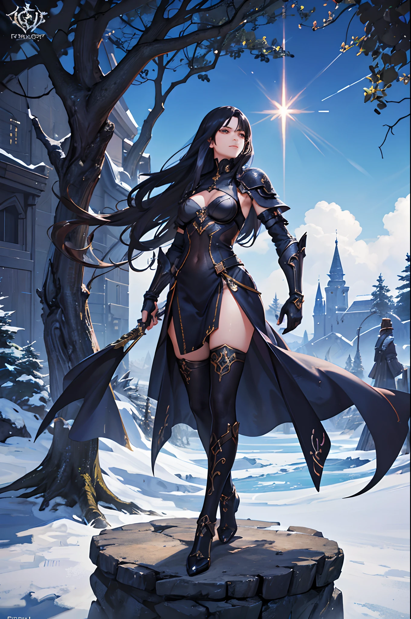Woman, mage, long dark blue hair with, badass magician clothes, arcanist, mage black hat, sword, hot dress, heterocromia