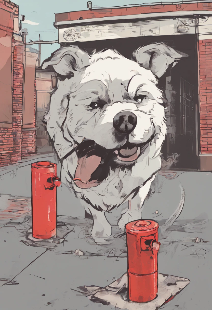arafly dog with tongue sticking out of mouth next to a fire hydrant, \'obey\', gay, smokey, soggy, subject: dog, cocky, oizys, noisy, sassy, joey l, old internet art, one panel, detailed image, cheeky, legacy, classy, sketchy, tshirt, very coherent image, large view, doodle