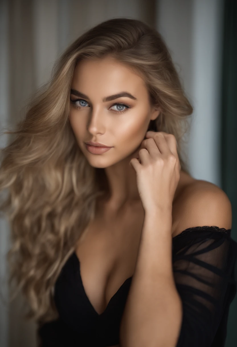 oman with Black dress and panties, fille sexy aux yeux bleus, Portrait Sophie Mudd, Portrait de Corinna Kopf, cheveux blonds et grands yeux, selfie of a young woman, ohne Maquillage, maquillage naturel, Look directly into the camera, Visage avec Artgram, dezentes Maquillage, Superbe photo du corps entier, dans la chambre, gros seins, Blonde, Latin