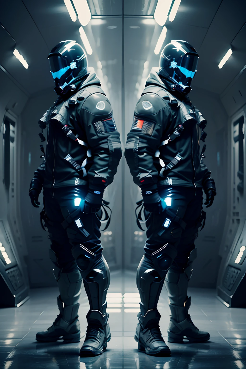 a futuristic outfit, detailed full face helmet, detailed clothes, full body, (apocalyptical), male character, front and side view, spacesuit, perfect lighting,