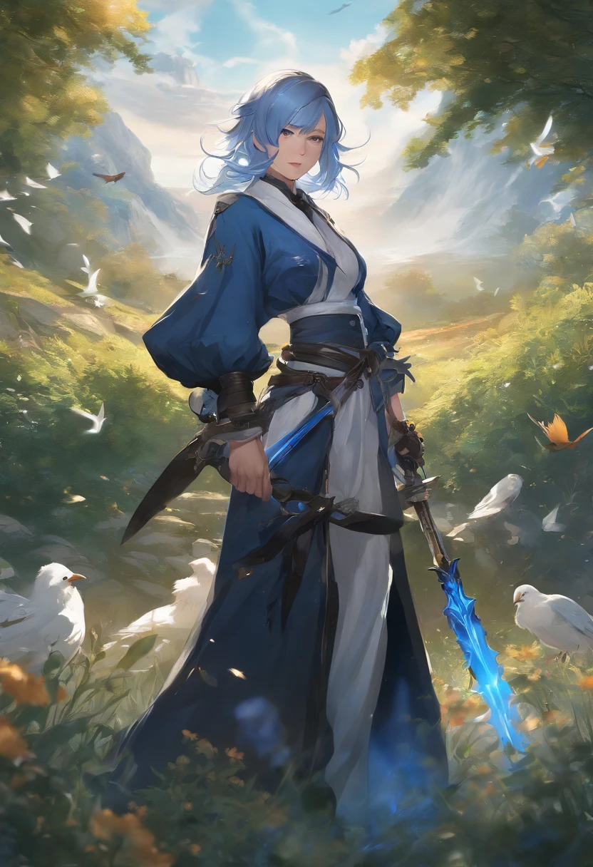 anime character with sword and blue flame in field with birds, guilty gear strive splash art, anime art wallpaper 4k, anime art wallpaper 4 k, anime art wallpaper 8 k, 2. 5 d cgi anime fantasy artwork, epic fantasy digital art style, 4k detailed digital art, rossdraws global illumination, 4k anime wallpaper, from arknights, granblue fantasy