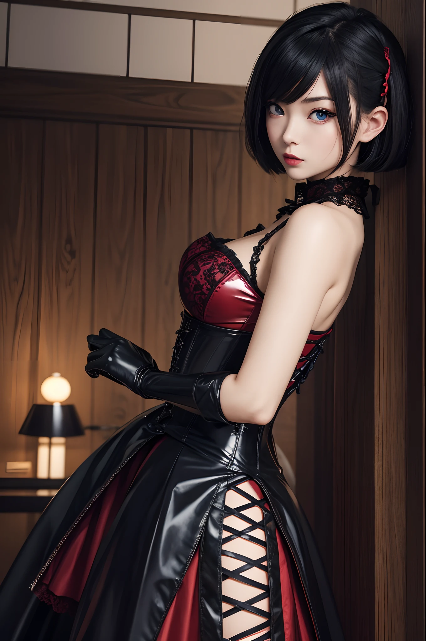 A woman is alone in the SM room, Wearing a red gothic dress, Wearing a corset, Wearing black latex short gloves, Dark atmosphere, Cute Japan girl face in the style of Minami Hamabe, Sanpaku's blue eyes, slender, The whole body is shown, A dark-haired, Short Bob, Wearing lace-up boots, pale complexion, Red Eyeliner, double tooth, Maiden, Best Quality