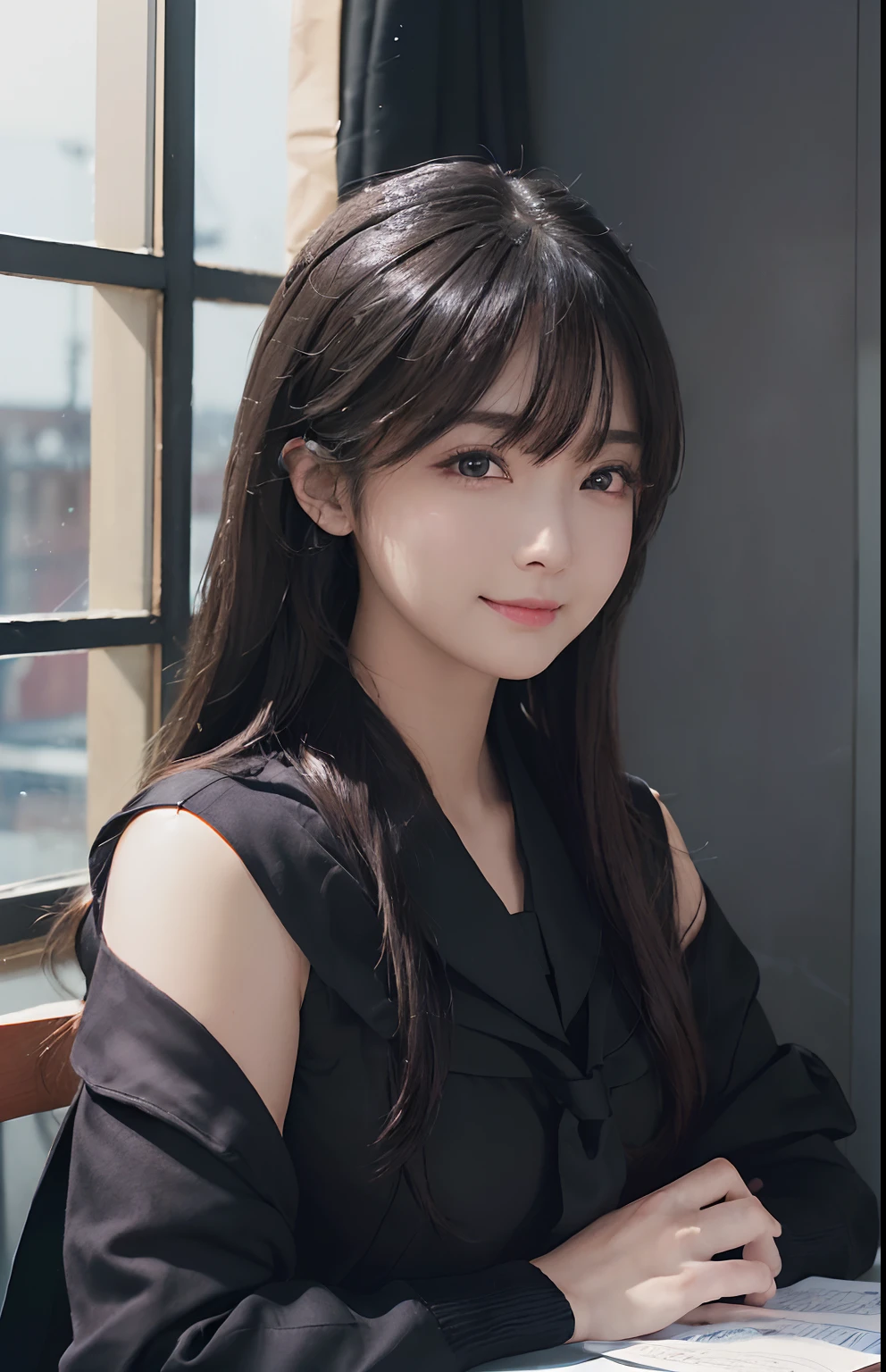 (A hyper-realistic)、(illustratio)、(hight resolution)、(8K)、(ighly detailed)、(Best Illustration)、(beautifully detailed eyes)、(top-quality)、(ultra-detailliert)、(​masterpiece)、(wall-paper）、（A detailed face）、独奏、1 girl in、looking at viewert、fine detailed、A detailed face、in the darkness nigth、deep-shadows、lowkey、pureerosfaceace_v1、Tsundere smile、long、Black shawl straight hair、46-point diagonal bangs、fully body photo、De S、Looks mean、a sailor suit、[school classrooms]、[I'm in a school classroom and I'm sitting at my desk looking at the window]