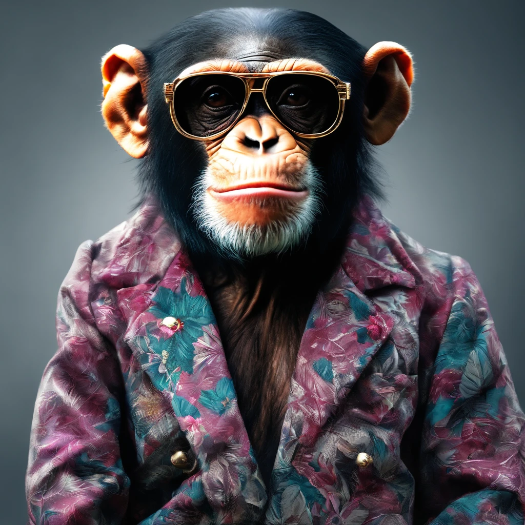 Perfect centralization, chimp, wearing a jacket，vidros de vidro，Rosa da flor, wearing sunglasses, alegria, Standing position, beleza abstrata, Centrado, looking at the camera, Facing the camera, nearing perfection, Dynamic, altamente detalhado, liso, foco nítido, 8k, high-definition resolution, illustration, arte de Carne Griffiths e Wadim Kashin, fundo branco