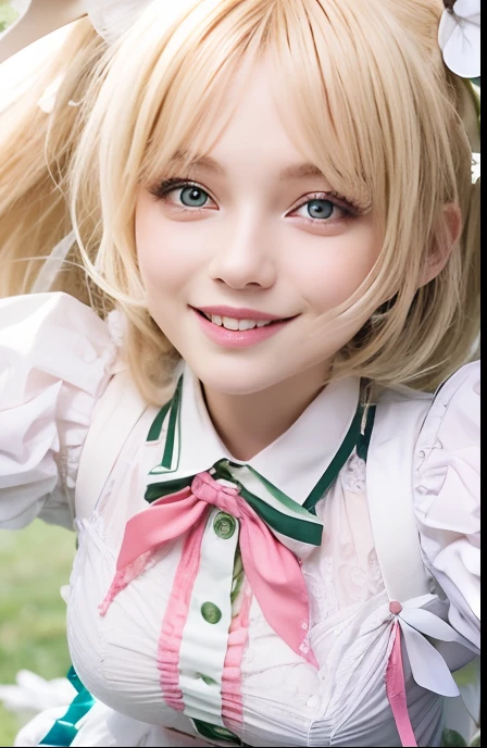 Garota, blond hair, green eyes, sorriso mostrando os dentes, White and green dress with pink bow, HD, 4K, alta qualidade