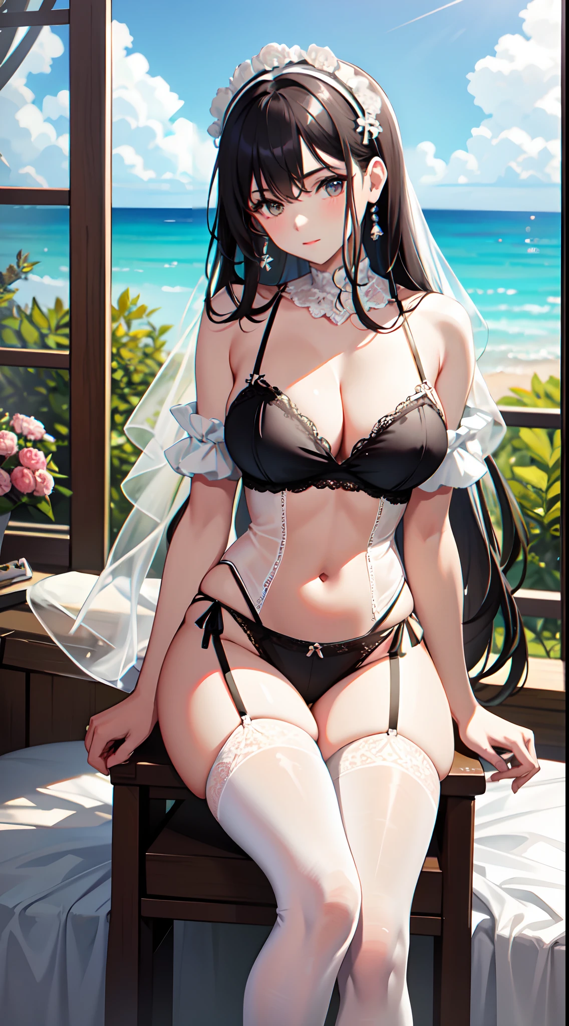 a beauti,wearing white lace lingerie,Big chest,Exposing thighs,Perfect hands,is shy,seductiv,sit on chair