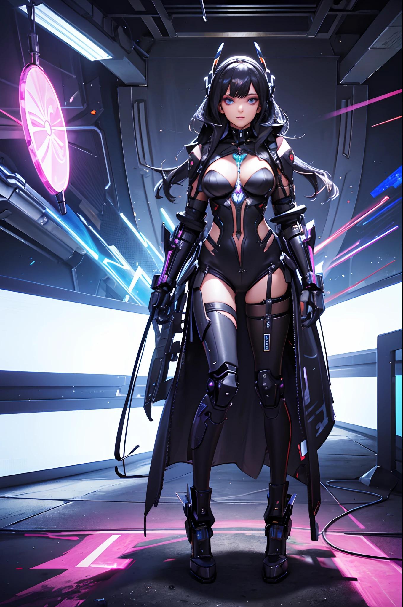 (best quality, highres:1.2), ultra-detailed, realistic, concept artist, portrait, vivid colors, studio lighting, laser lights, technology, futuristic, 3D rendering, electric glow, biomechanical, extravagant makeup, cyberpunk aesthetic, sparkling jewels, glowing tattoos, cybernetic enhancements, high-tech fashion, reflective surfaces, bionic limbs, advanced robotics, digital art, dystopian, post-apocalyptic, striking contrast, dynamic composition, immersive environment, sci-fi ambiance, colorful holograms, dark background, ethereal aura, translucent elements, neon grids, mind-blowing details, perfect symmetry, ornate accessories, glamorous diva, unconventional beauty, controlled chaos, mesmerizing gaze, alluring posture, confident presence, technological marvels, unique and enchanting.