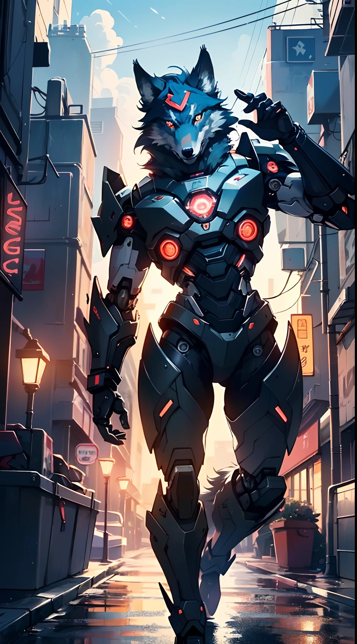 (((A mechanical wolf,cyborg wolf,cyborg-wolf,animal,wolf robot))),no human,detailed wolf,intricate mechanic wolf,robot animal,

epic, highly detailed full body of a gigantic feral mecha canine, sharp metal claws, cannon mounted on back, sleek armor, glowing visor, furry art, zoids art, furaffinity, sofurry,

(dynamic pose:1.0),solo focus,(centered,scale to fit dimensions,Rule of thirds),

cyberpunk city by the ocean at night, with bright neon signs and dark stormy clouds and puddles, scenery:1.25,

highres, sharp focus, (ultra detailed, extremely detailed), (photorealistic artwork:1.37),(extremely detailed CG unity 8k wallpaper),((synthwave background theme)),(((vibrant colors))),(intricate background),(masterpiece),(best quality),