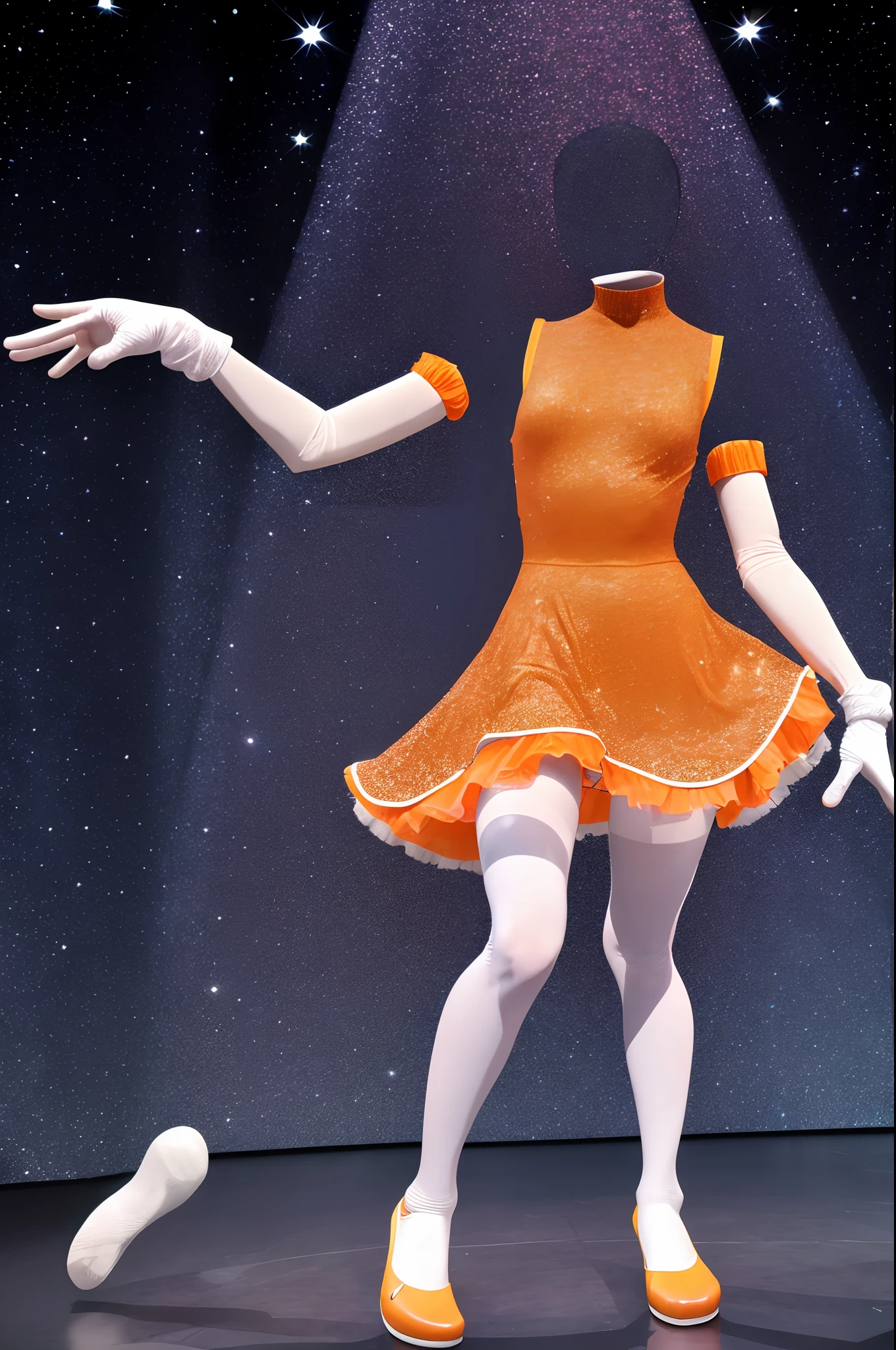 Color Photo, High quality, 4K, no human, faceless, invisible, idol costume, orange glitter dress, gloves,((white tights)), mary jane shoes, show stage background