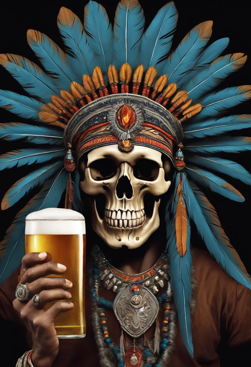 Skull-headed Indian wearing an indiginous headdress and holding Coma Beer in his hand