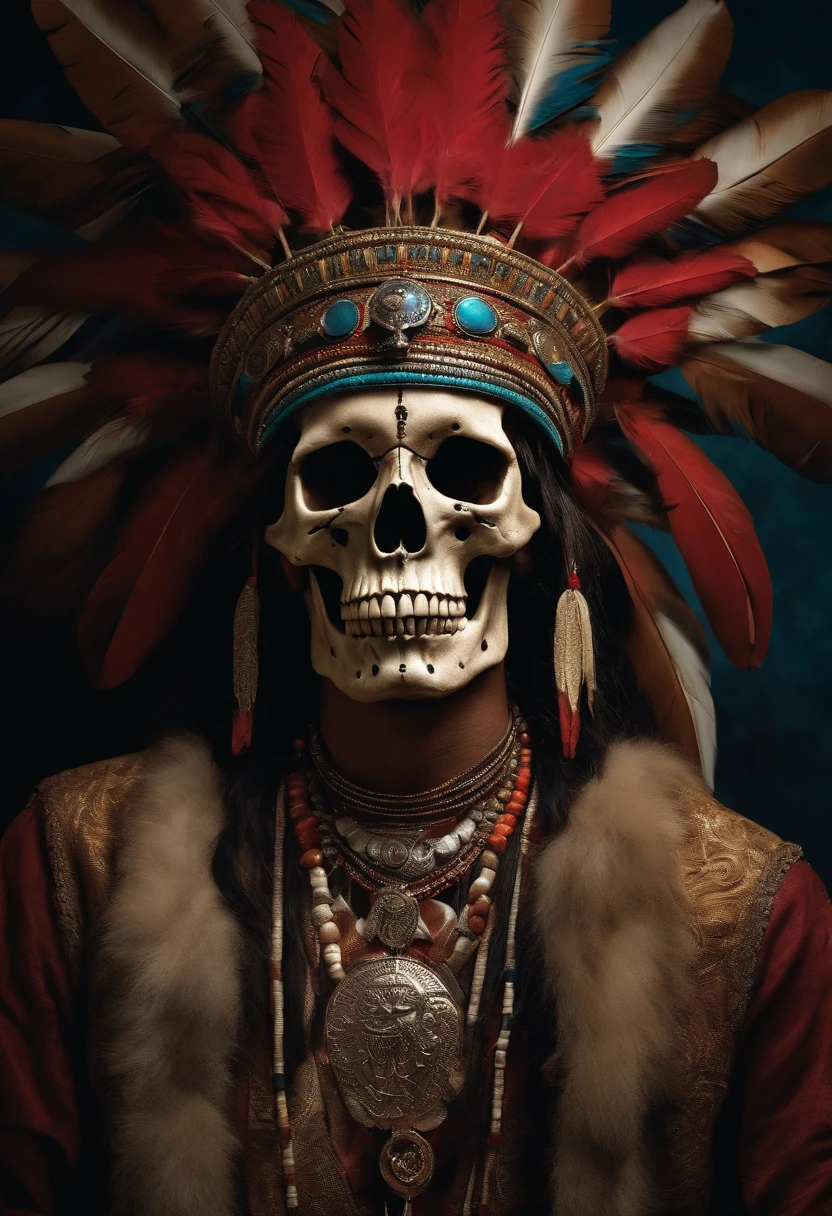 Skull-headed Indian wearing an indiginous headdress and holding Coma Beer in his hand