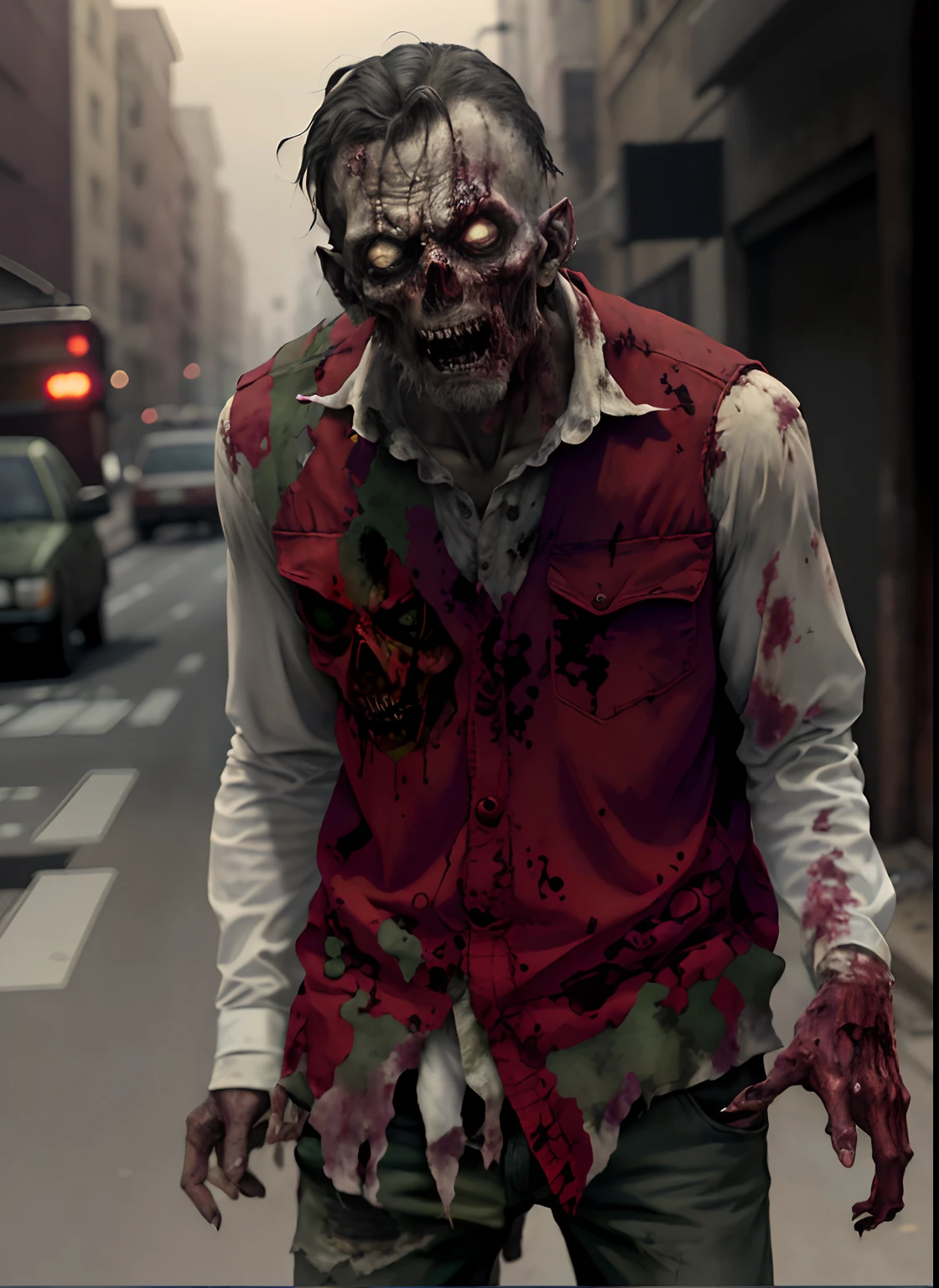 Zombi caminando por la calle con un chaleco rojo y pantalones verdes, Zombie en el arte conceptual de terror, Zombies en las calles, Zombi malvado, zombi, zombificado, no-muerto. Altamente detallado, Zombie attack during World War 2, Retrato de un zombi, Hombre mutando a zombi, Arte conceptual oscuro fotorrealista, Hermoso zombi, Horda de zombis, Zombi con ojos blancos