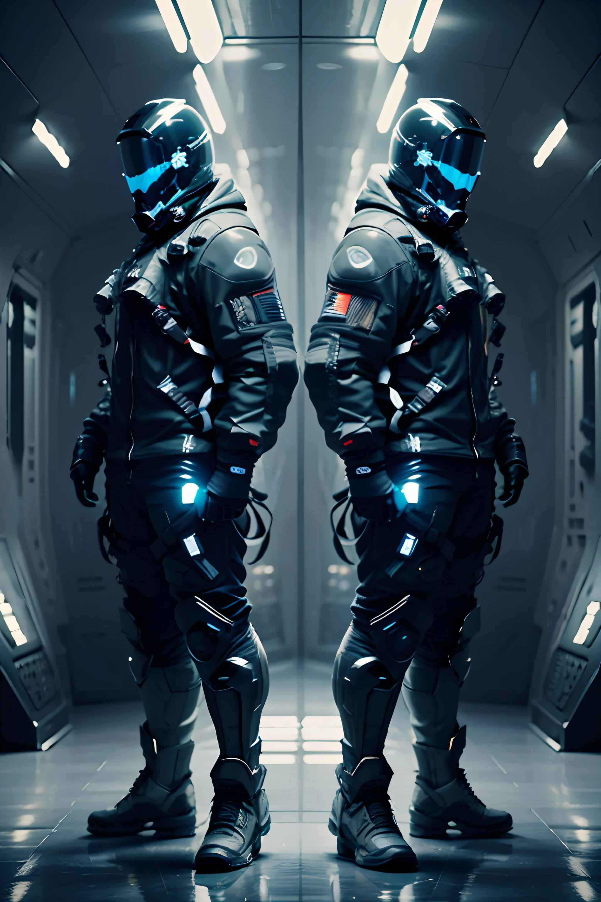 a futuristic outfit, detailed full face helmet, detailed clothes, full body, (apocalyptical), male character, front and side view, spacesuit, perfect lighting,