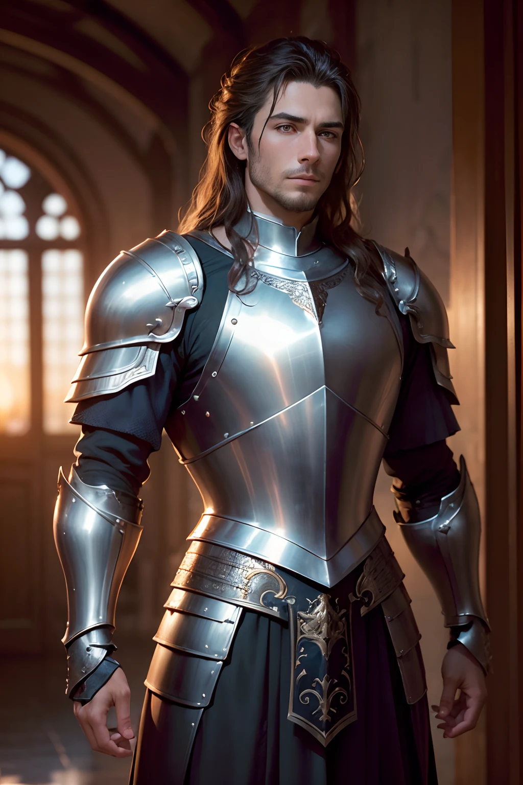 (Masterpiece), (extremly intricate:1.3), (Realistic), Photo of a young man, The most beautiful in the world, (Medieval Armor, Very shiny, A reflection can be seen in the armor), upper-body, exteriors, far away castle, Professional photography of a stunning man in detail, sharp-focus, dramatic, award winning, Cinematic lighting, Volumetrics DTX, (Film grain, blurred background, blurry foreground, bokeh, Depth of field, Sunset, Motion blur:1.3, mirror armor