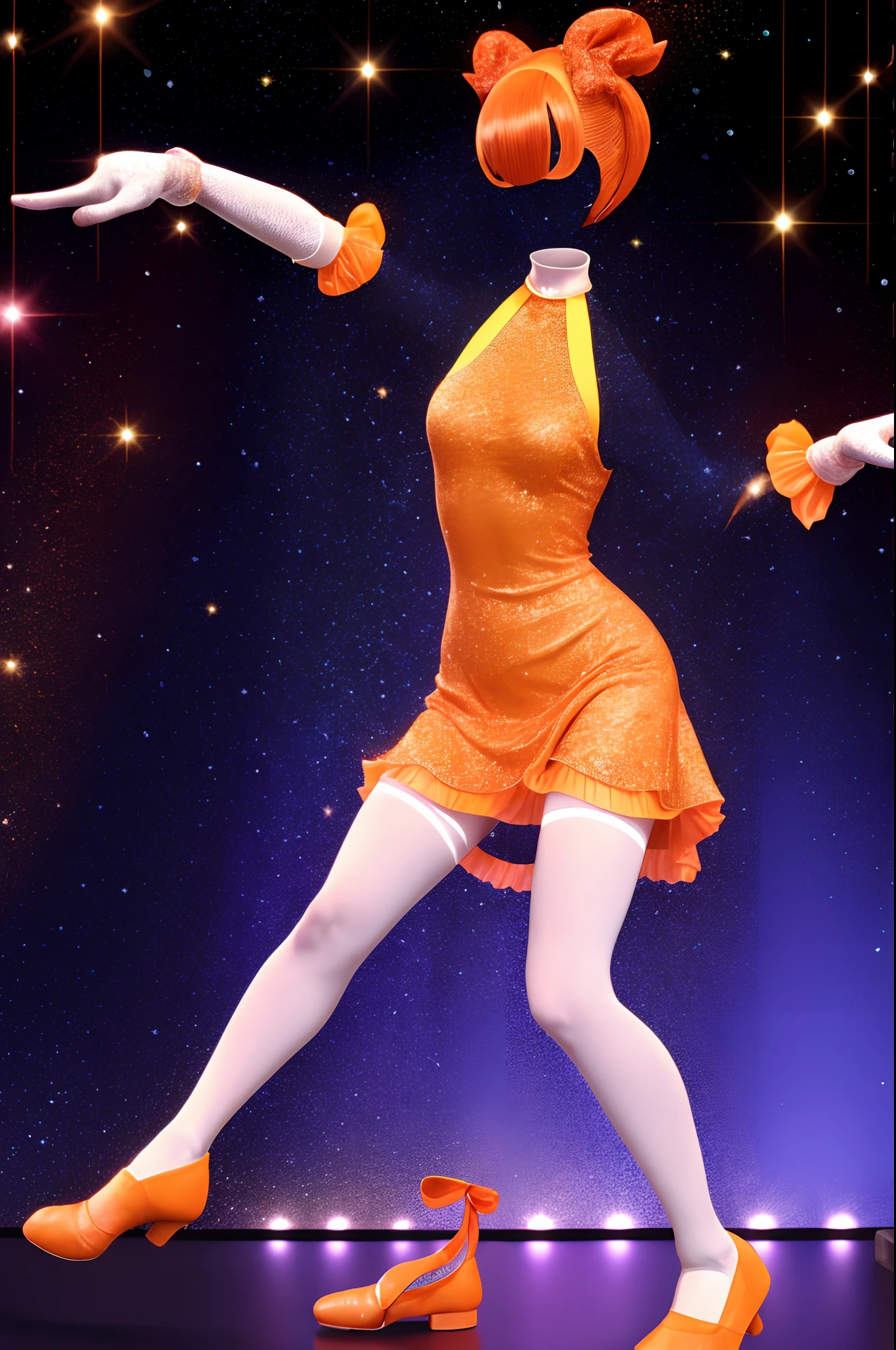 Color Photo, High quality, 4K, no human, faceless, invisible,  idol costume, orange glitter dress, gloves,((white tights)), mary jane shoes, show stage background, ribbon accessory, singing,