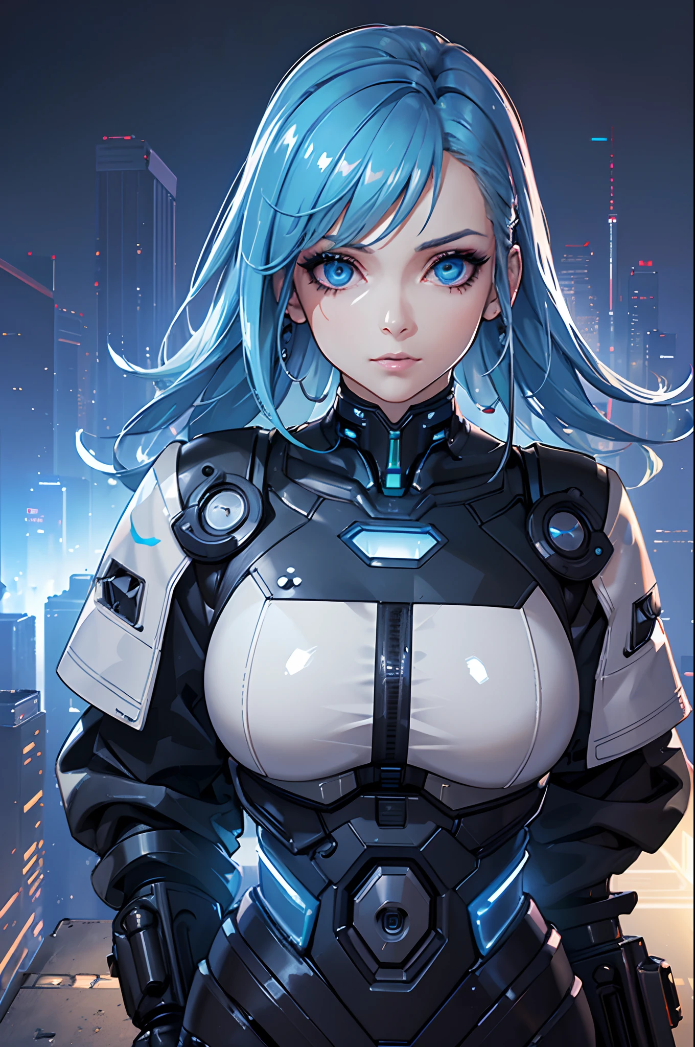 (Best quality,highres:1.2), ultra-detailed, (realistic:1.3), cyberpunk, futuristic, portrait, shiny revealing latex outfit, cyber implants, virtual reality, glowing makeup, metallic body parts, body modification, techno atmosphere, cityscape background, hovering robotic arms, advanced technology, electric blue color palette, surreal lighting.