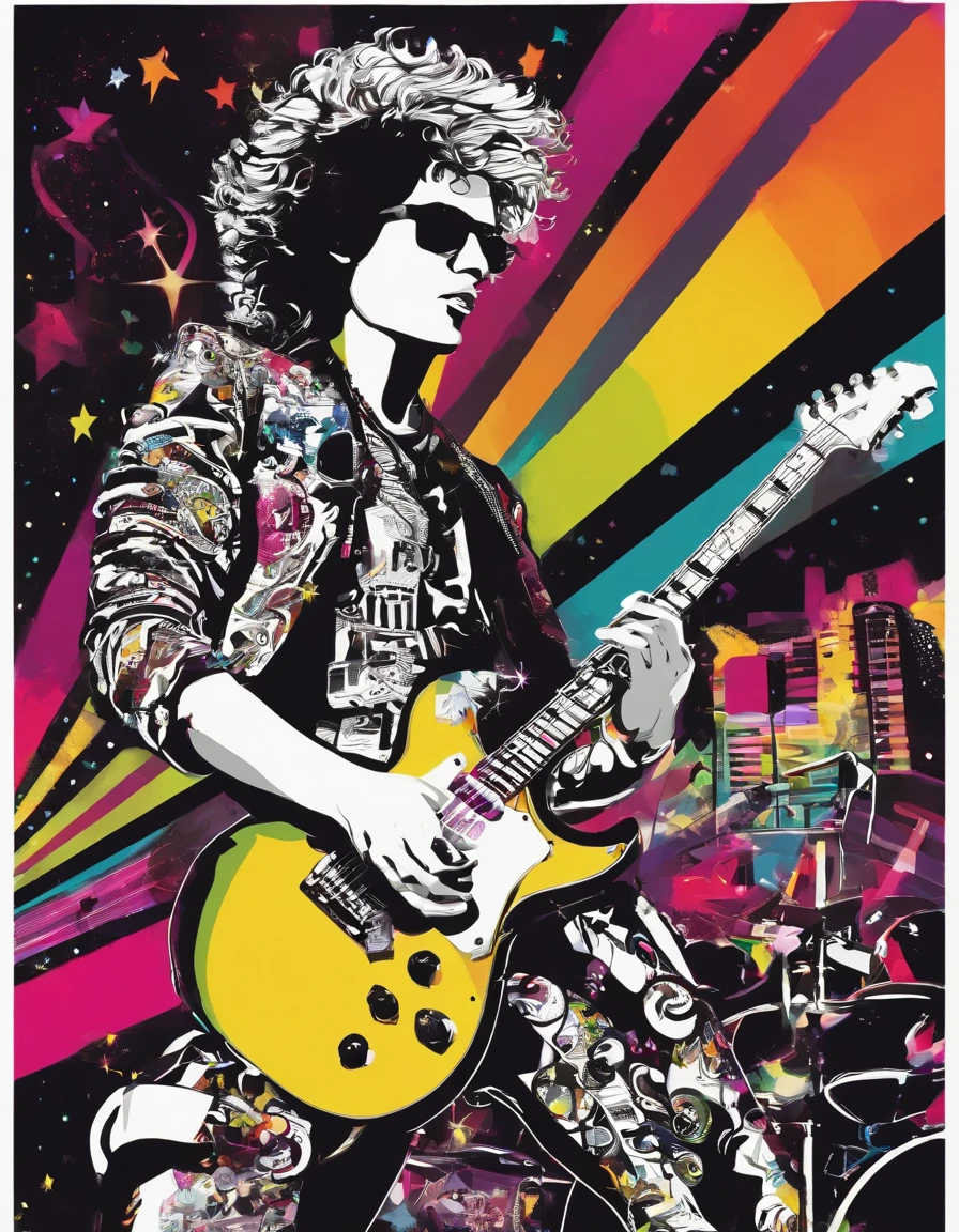 banda de Rock. guitarrista blanco, delgado, cabello negro y muy largo, apasioado con su guitarra electrica de color blanco y negro. Tocando en un escenario profesional con luces, niebla, pantallas y pirotecnia. super realista , iluminacion profesional,