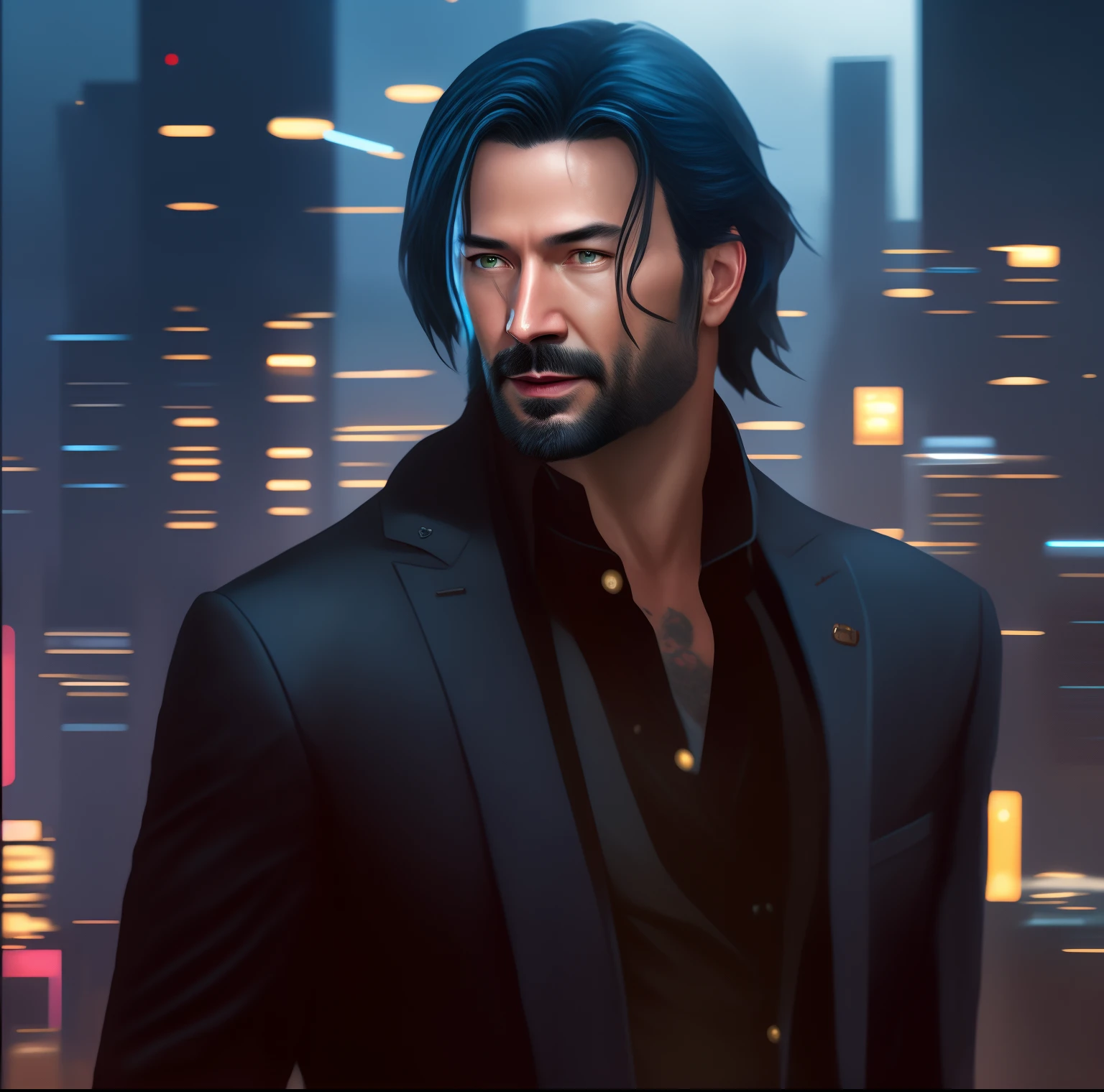 there is a man with a beard and a suit on, portrait of keanu reeves, portrait of a cyberpunk man, beaten tech. neo noir style, handsome stunning realistic, cyberpunk dude, neo noir style, portrait of keanu reeves, cyberpunk portrait, handsome prince of persia, stylized urban fantasy artwork, keanu reeves as geralt of rivia, in cyberpunk style