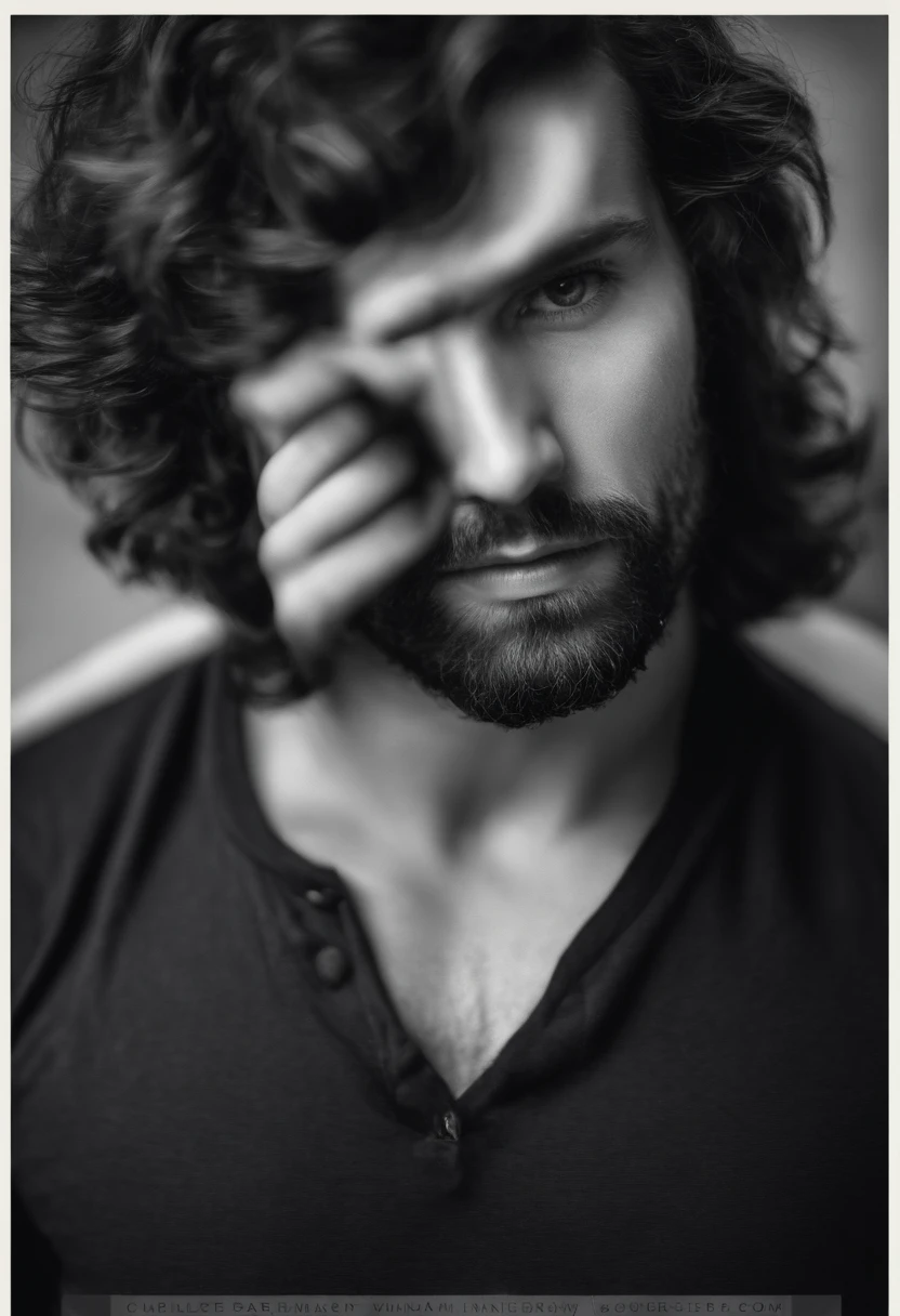 (Camiseta blanca para hombre), ), (con una larga barba,) Aspecto atractivo y serio, Brown Dark Hair, Elegante y con estilo, Camiseta de cuerpo fuerte afeitada, Un hombre similar al actor Jim Morrison, con barba, con jean(Imagen realista y de alta calidad), Apartamento escandinavo en el fondo con pintura de pared azul, ((La mejor calidad, 8k, tmasterpiece).