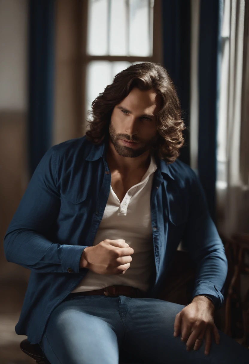 (Camiseta blanca para hombre), ), (con una larga barba,) Aspecto atractivo y serio, Brown Dark Hair, Elegante y con estilo, Camiseta de cuerpo fuerte afeitada, Un hombre similar al actor Jim Morrison, con barba, con jean(Imagen realista y de alta calidad), Apartamento escandinavo en el fondo con pintura de pared azul, ((La mejor calidad, 8k, tmasterpiece).