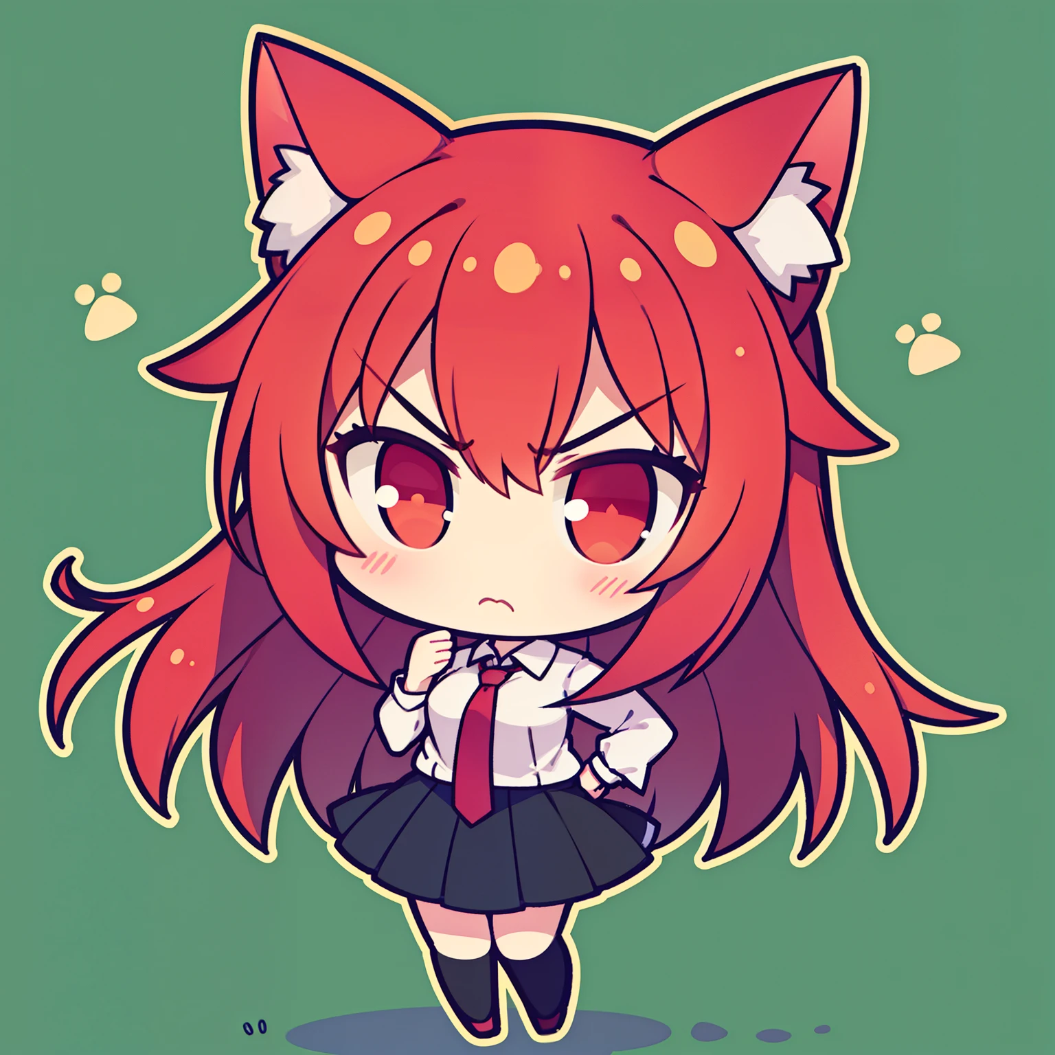 1girl,solo,20s,angry face,white shirt,black skirt,red tie,red hair,long hair,red eyes,Cat ears,chibi,full body,green background