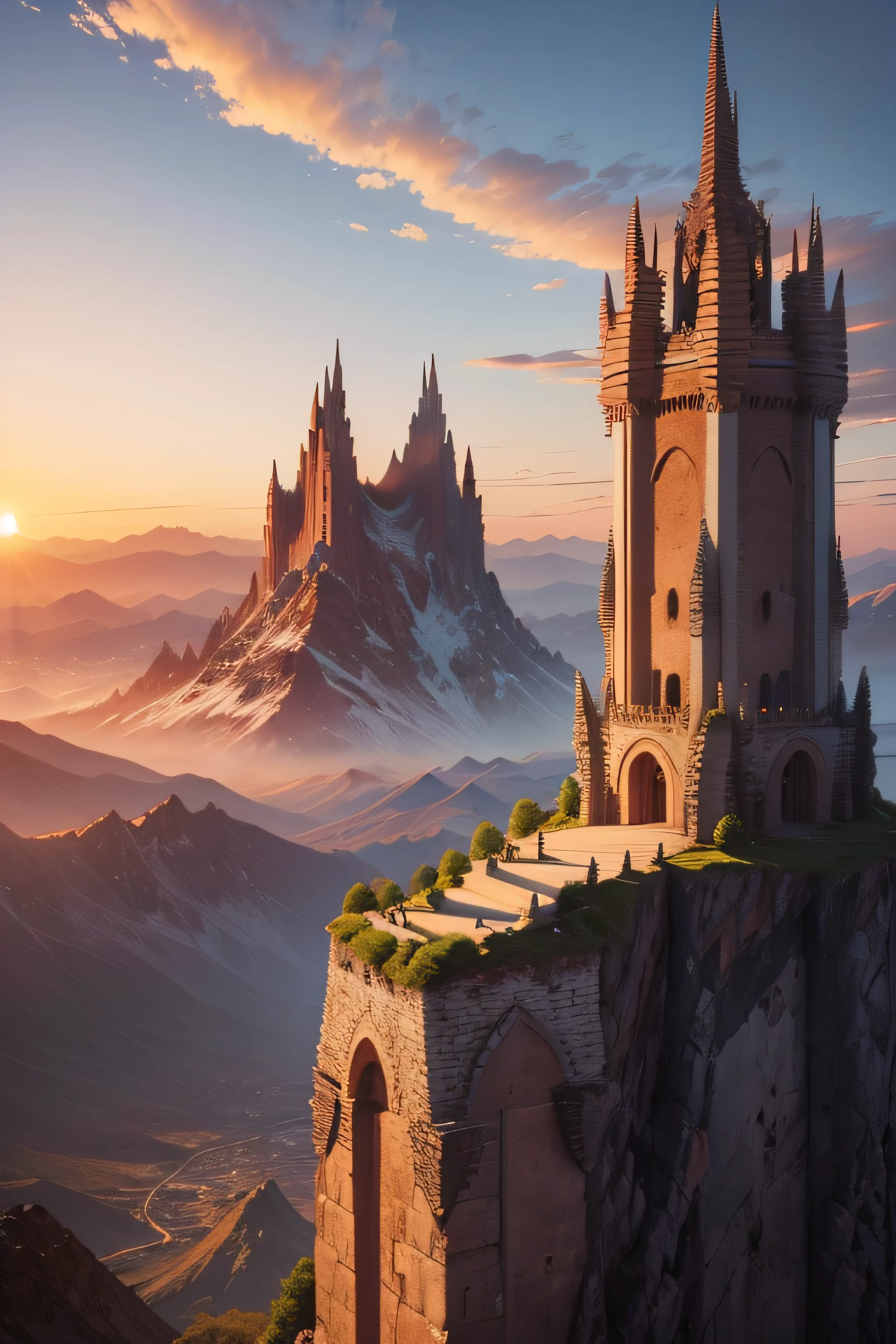 A rider riding towards a spikey castle and city peached on top a pillar formed mountains as the sun sets inbtween the two mountains. The Mountain pillars are connected with a bridge that is integrated with the spikey castle and its city