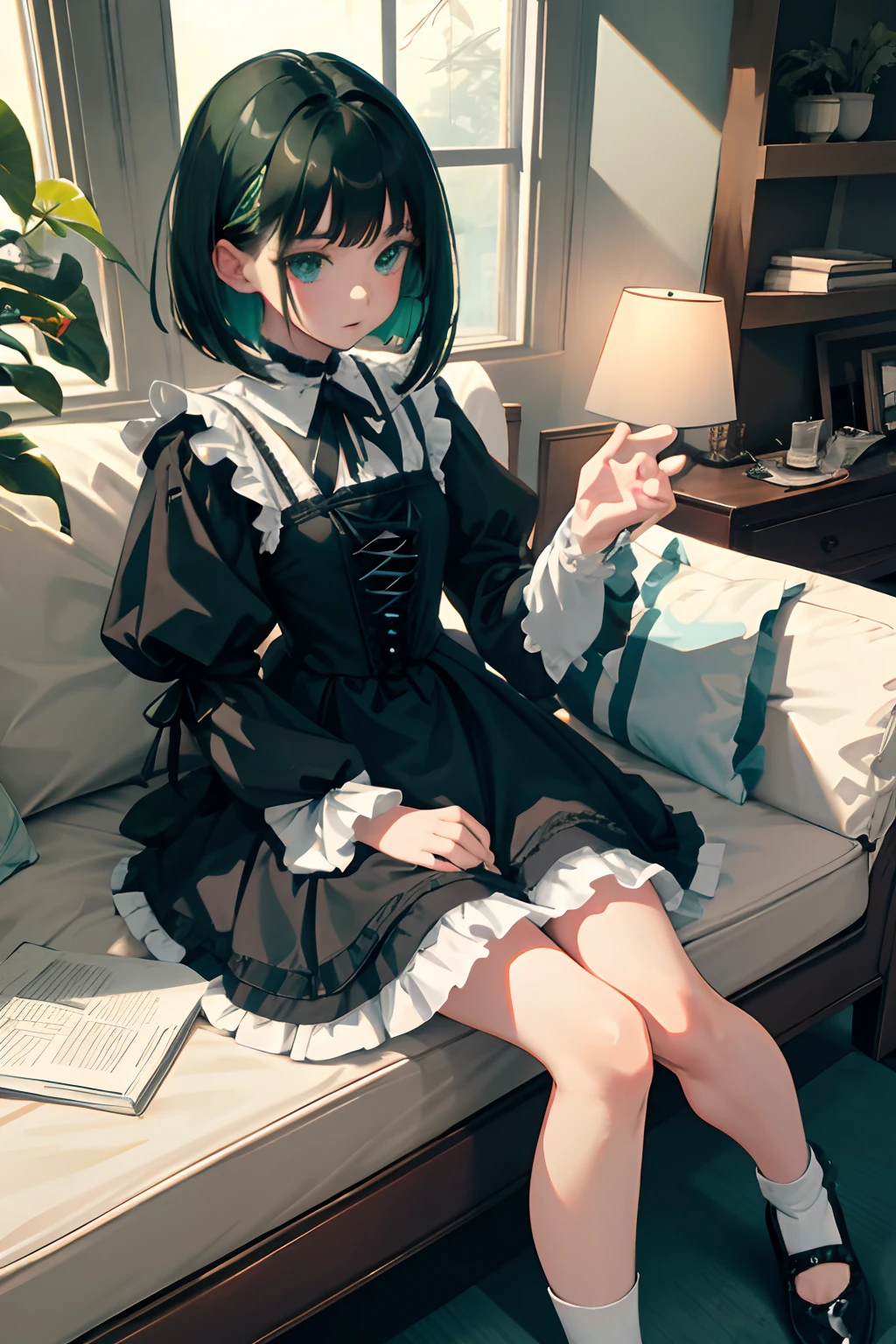 Anime girl sitting on a couch with a book and a lamp - SeaArt AI