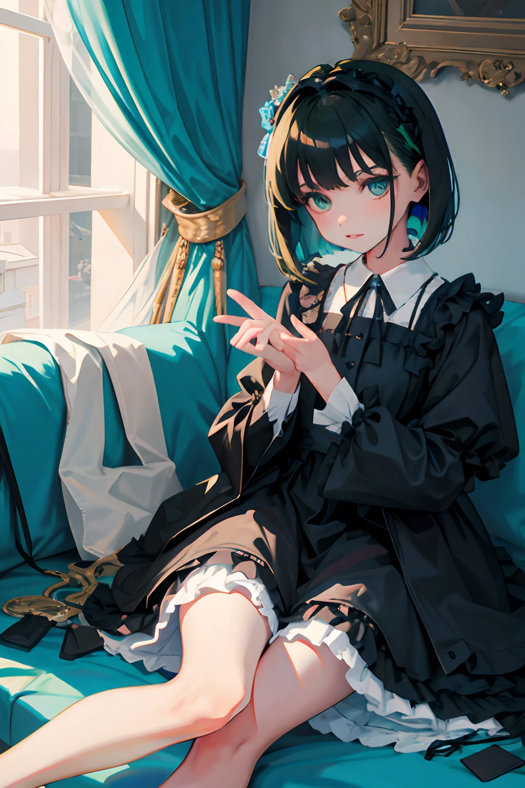 Holding your knees,sitting down on the floor,child,(masterpiece,Highest Quality),Blue-green Gothic Lolita,A dark-haired,Medium bob