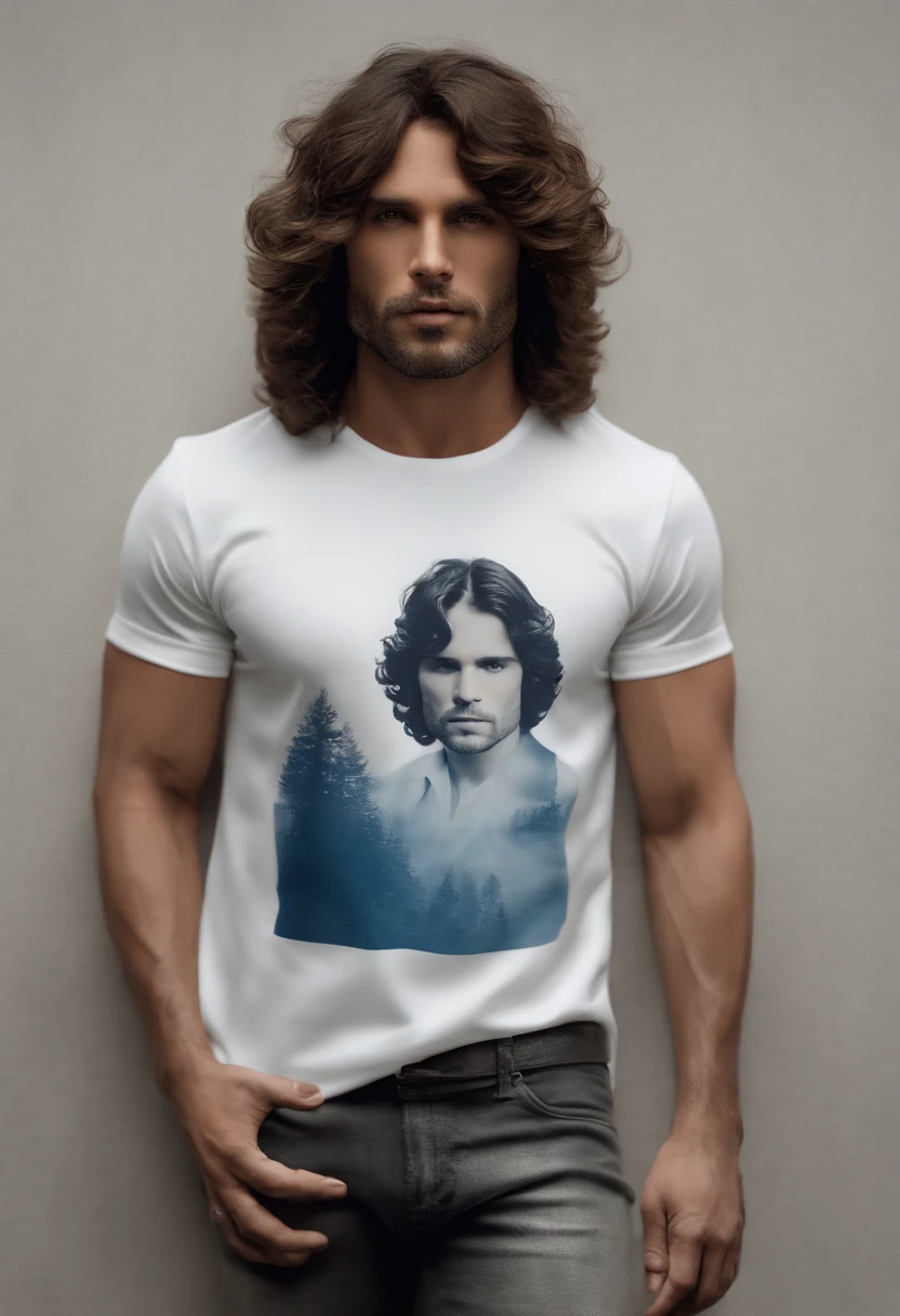 (Camiseta blanca para hombre), ), (con una larga barba,) Aspecto atractivo y serio, Brown Dark Hair, Elegante y con estilo, Camiseta de cuerpo fuerte afeitada, Un hombre similar al actor Jim Morrison, (Imagen realista y de alta calidad), Apartamento escandinavo en el fondo con pintura de pared azul, ((La mejor calidad, 8k, tmasterpiece).
