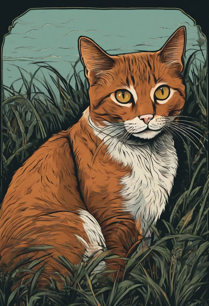 /Imaginez Prompt: Illustration de chat pour un autocollant avec un fond noir, dans un style de contour en gras, serrated edges, Trash core, ombrage clair --v 5.2