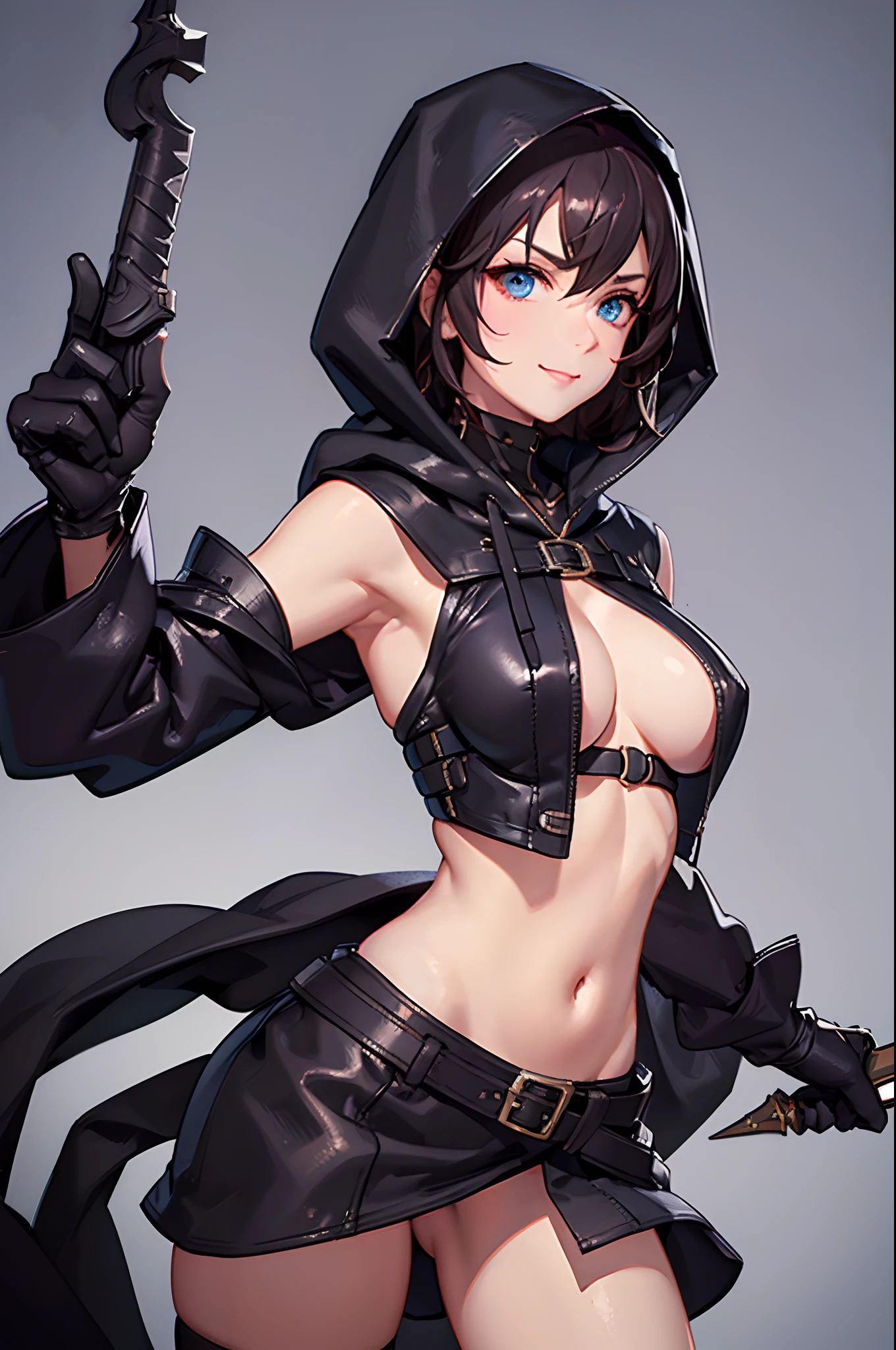 (Beautiful sneaky rogue), (large boobs), (revealing leather thief outfit with hood), (seductive look to camera), high quality, super resolution, beautiful detailed face, torchlights, bokeh, sneaking, very low angle, seductive pose, (holding dagger in her hand), mischiebous smile, (boobs spilling out), (low camera angle), (bending foward to camera), (in medivel city).