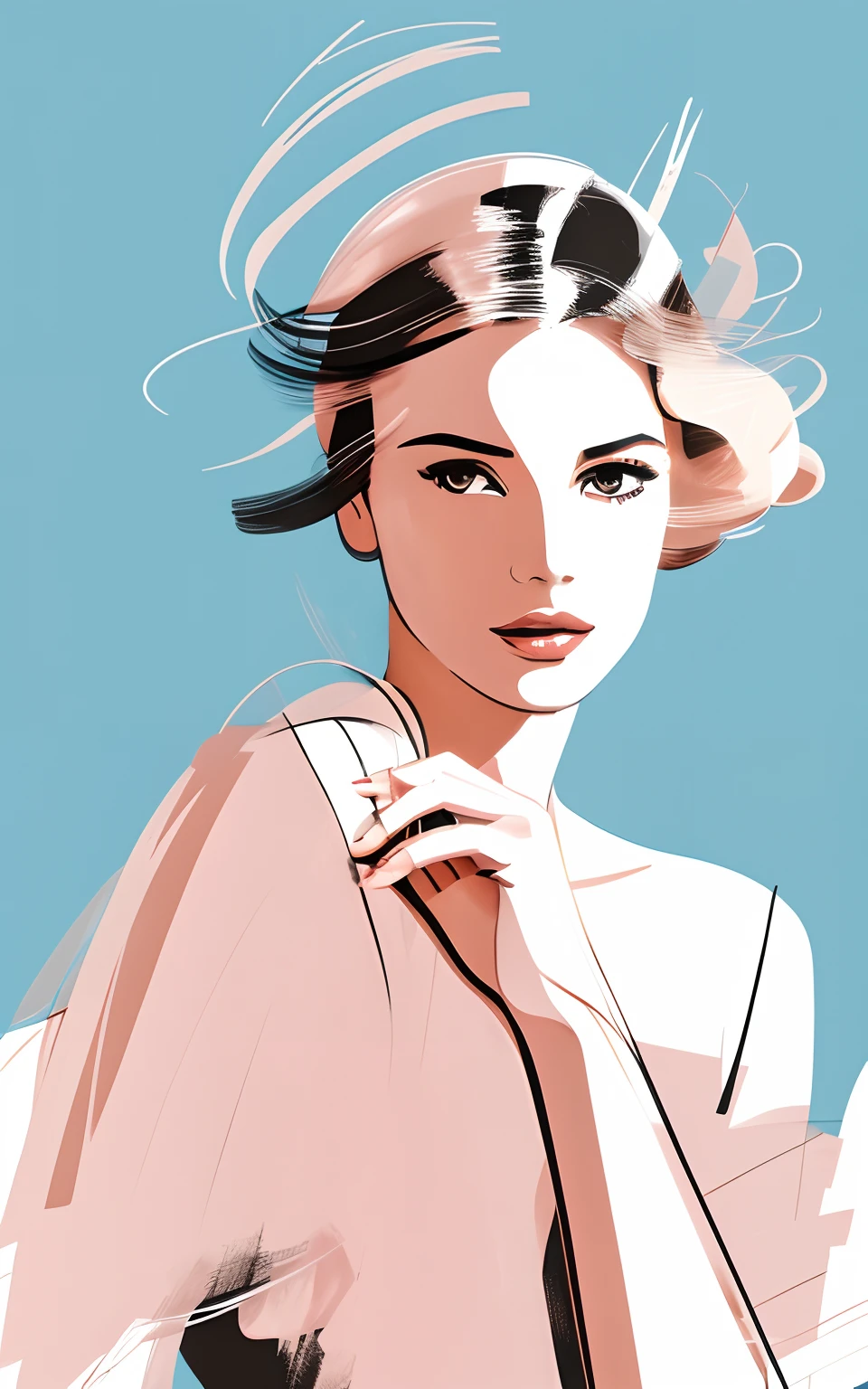 David Downton fashion illustration, line art image, artistic brushstrokes, elegant blonde woman, gentle, cute, elegant dress, spring city, blossom tree, pastel color, beige, gray, light blue, gentle pink, change background light background, airy