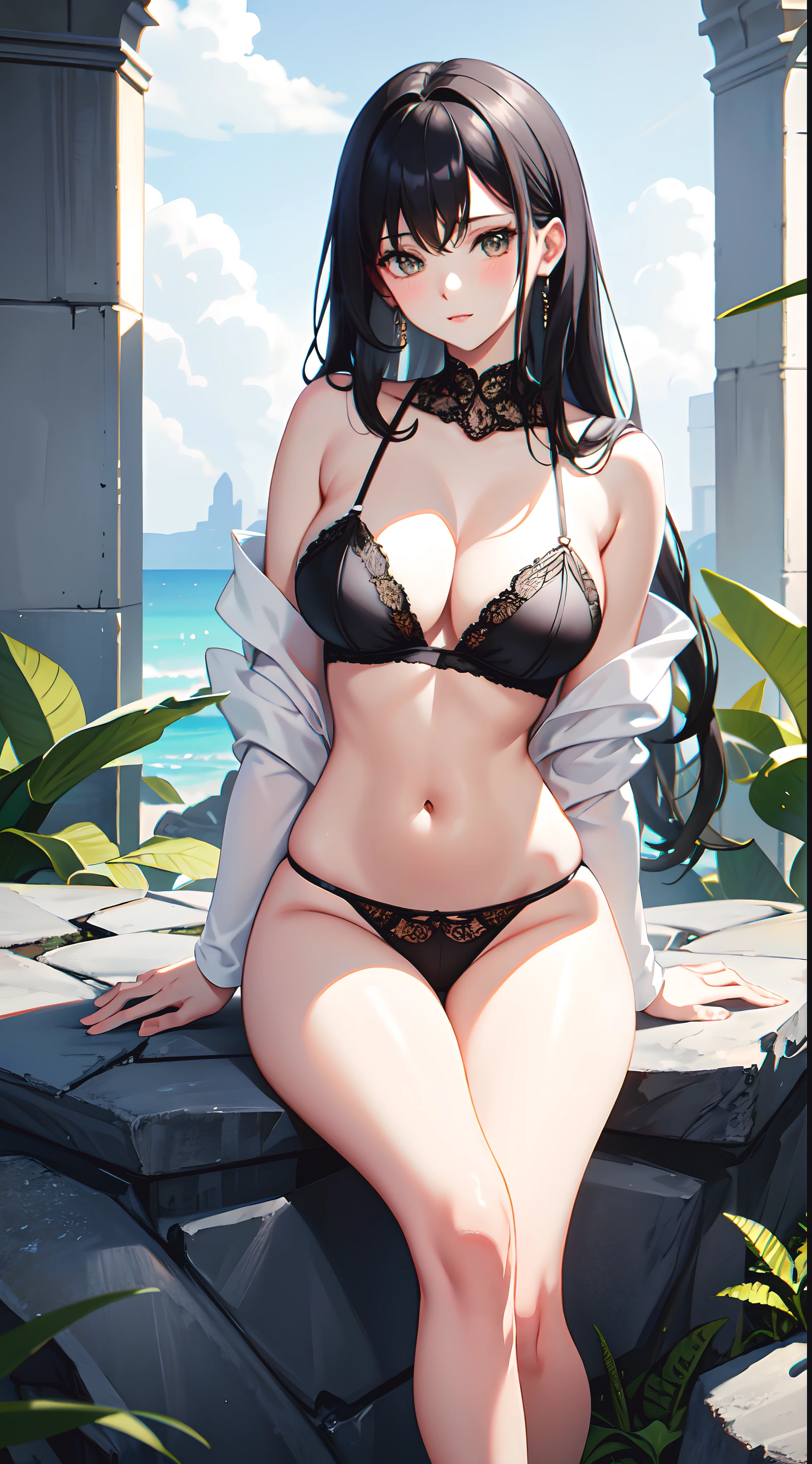 a beauti,Clean black hair,wearing white lace lingerie,Big chest,Exposing thighs,Perfect hands,is shy,seductiv,sitting on the stone