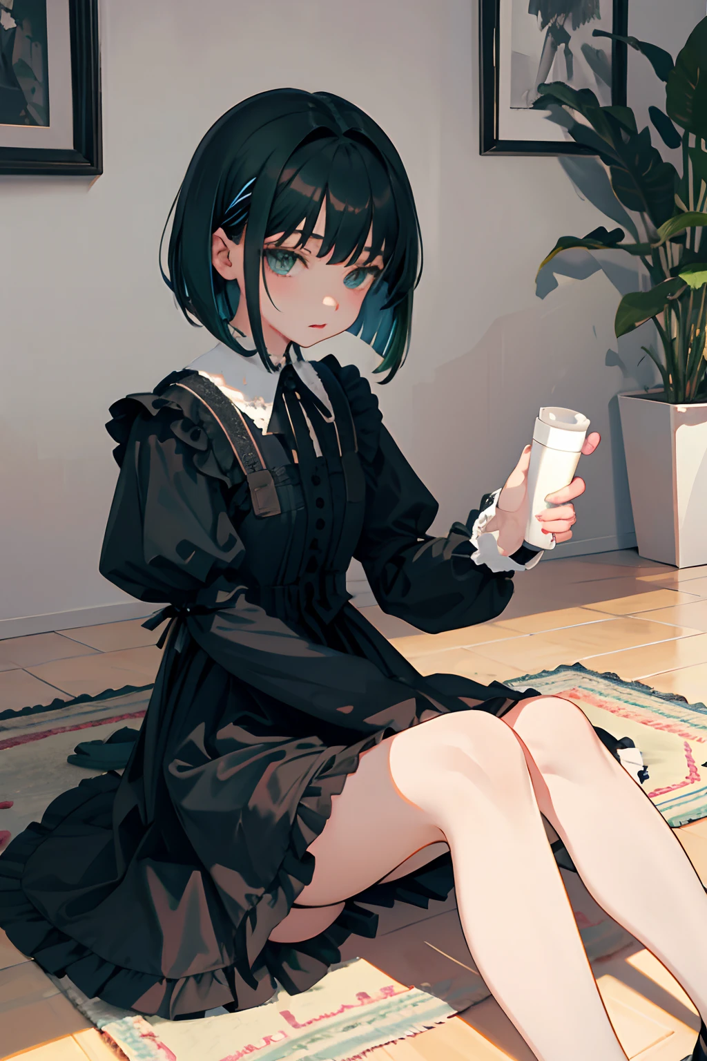 Holding your knees,sitting down on the floor,child,(masterpiece,Highest Quality),Blue-green Gothic ta,A dark-haired,Medium bob