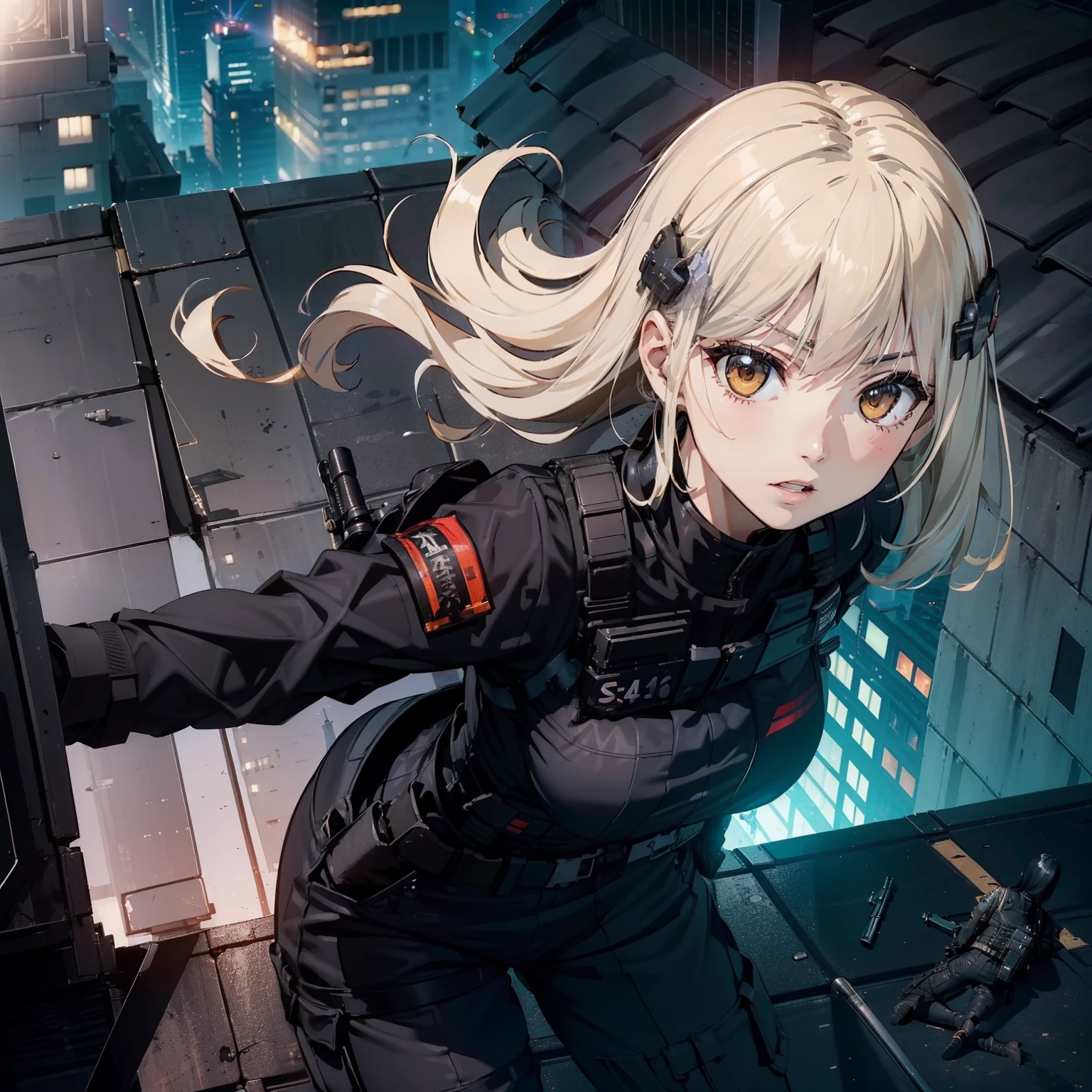 (Trained female soldiers)、((Aim and fire your rifle:1.4、Sniper regime、guns、h&K HK416))、1 Women、thick body、(Black combat uniform)、(platinum-blonde-hair:1.2)、((超A high resolution))、Detail Write、​masterpiece、top-quality、extremely details CG、8K picture quality、Cinematographic lighting、lensflare、(Skyscraper rooftop at night:1.4)、Hyper-detailing、((Dynamic Angle Bust Shots:1.4))、Detailed firearm depiction、Rifle with perfect detail、Perfect barrel that does not distort、Fighter in the sky、Military drones