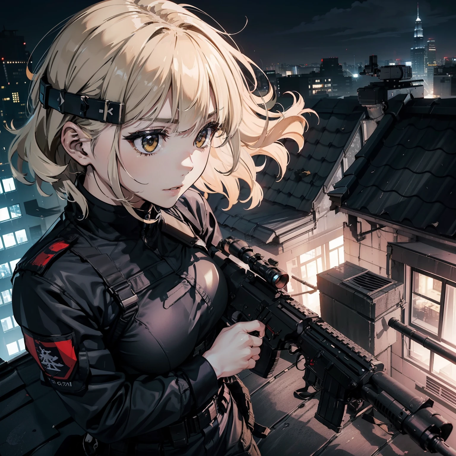 (Trained female soldiers)、((Aim and fire your rifle:1.4、Sniper regime、guns、h&K HK416))、1 Women、thick body、(Black combat uniform)、(platinum-blonde-hair:1.2)、((超A high resolution))、Detail Write、masterpiece、top-quality、extremely details CG、8K picture quality、Cinematographic lighting、lensflare、(Skyscraper rooftop at night:1.4)、Hyper-detailing、((Dynamic Angle Bust Shots:1.4))、Detailed firearm depiction、Rifle with perfect detail、Perfect barrel that does not distort、Fighter in the sky、Military drones