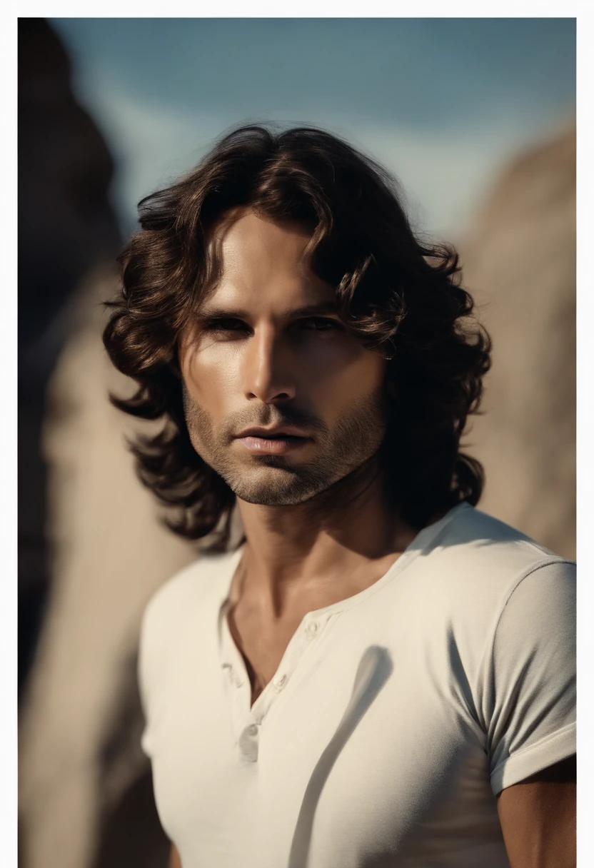 (Camiseta blanca para hombre), ), (con una larga barba,) Aspecto atractivo y serio, Brown Dark Hair, Elegante y con estilo, Camiseta de cuerpo fuerte afeitada, Un hombre similar al actor Jim Morrison, (Imagen realista y de alta calidad), Apartamento escandinavo en el fondo con pintura de pared azul, ((La mejor calidad, 8k, tmasterpiece).